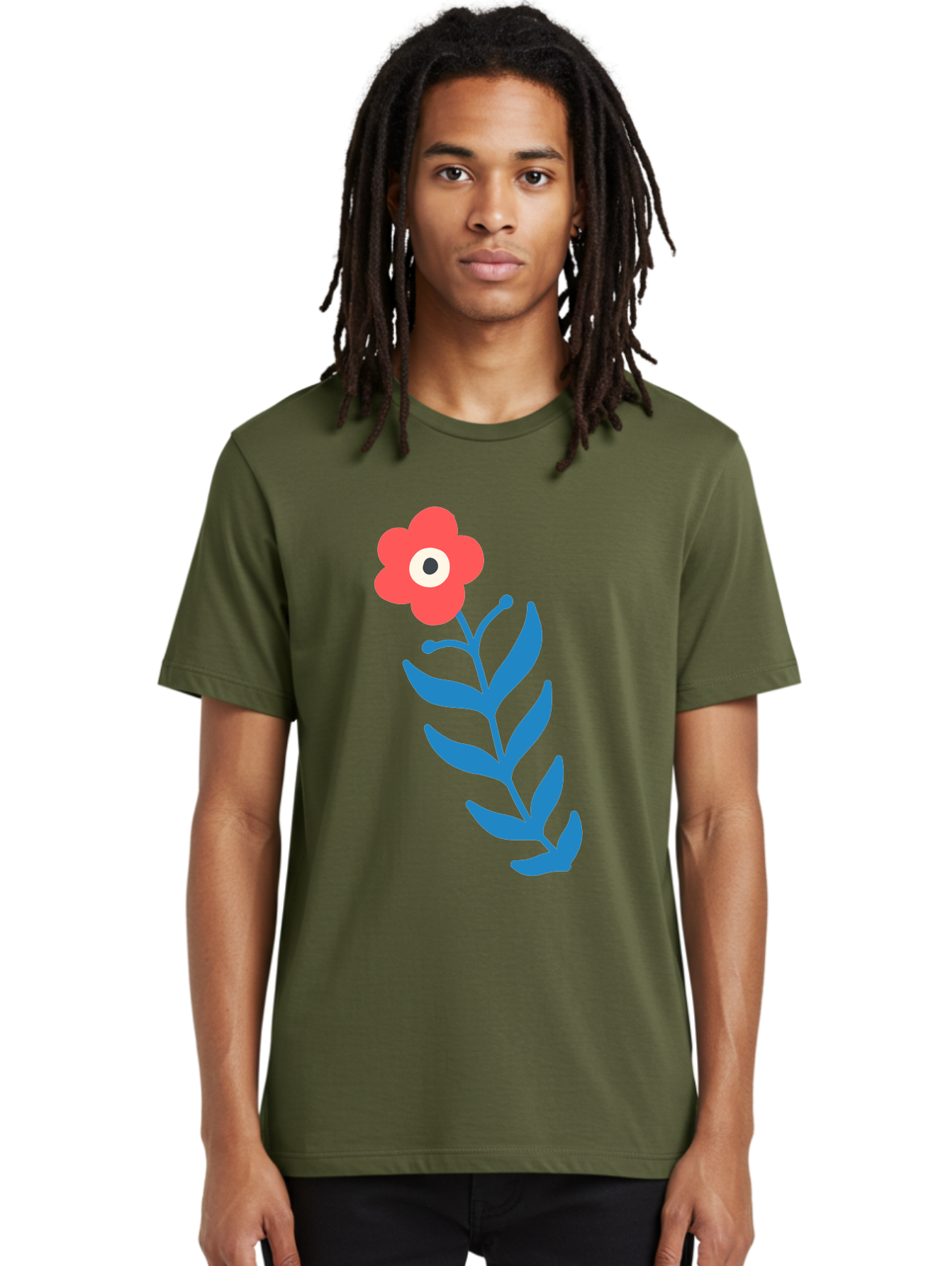 Flower-1 Men'S Graphic Tee, 100% Cotton, Comfortable Casual Summer Wear, Machine Washable, Pink Flower With Eye, Surreal Art, Abstract Design, Vibrant Petals, Blue Leaves, Minimalist Style, Quirky Illustration, Contemporary Artistry Aab721
