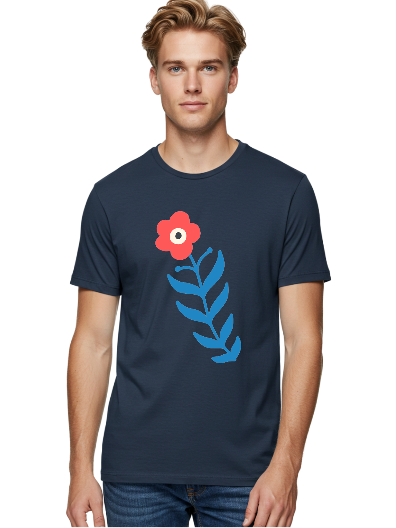 Flower-1 Men'S Graphic Tee, 100% Cotton, Comfortable Casual Summer Wear, Machine Washable, Pink Flower With Eye, Surreal Art, Abstract Design, Vibrant Petals, Blue Leaves, Minimalist Style, Quirky Illustration, Contemporary Artistry Aab721