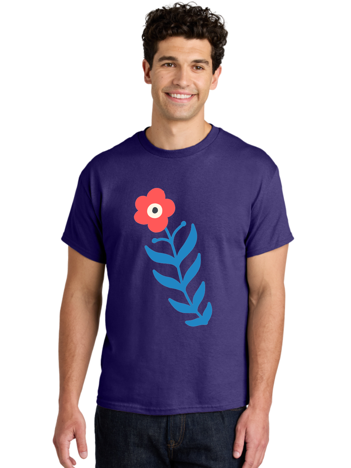 Flower-1 Men'S Graphic Tee, 100% Cotton, Comfortable Casual Summer Wear, Machine Washable, Pink Flower With Eye, Surreal Art, Abstract Design, Vibrant Petals, Blue Leaves, Minimalist Style, Quirky Illustration, Contemporary Artistry Aab721