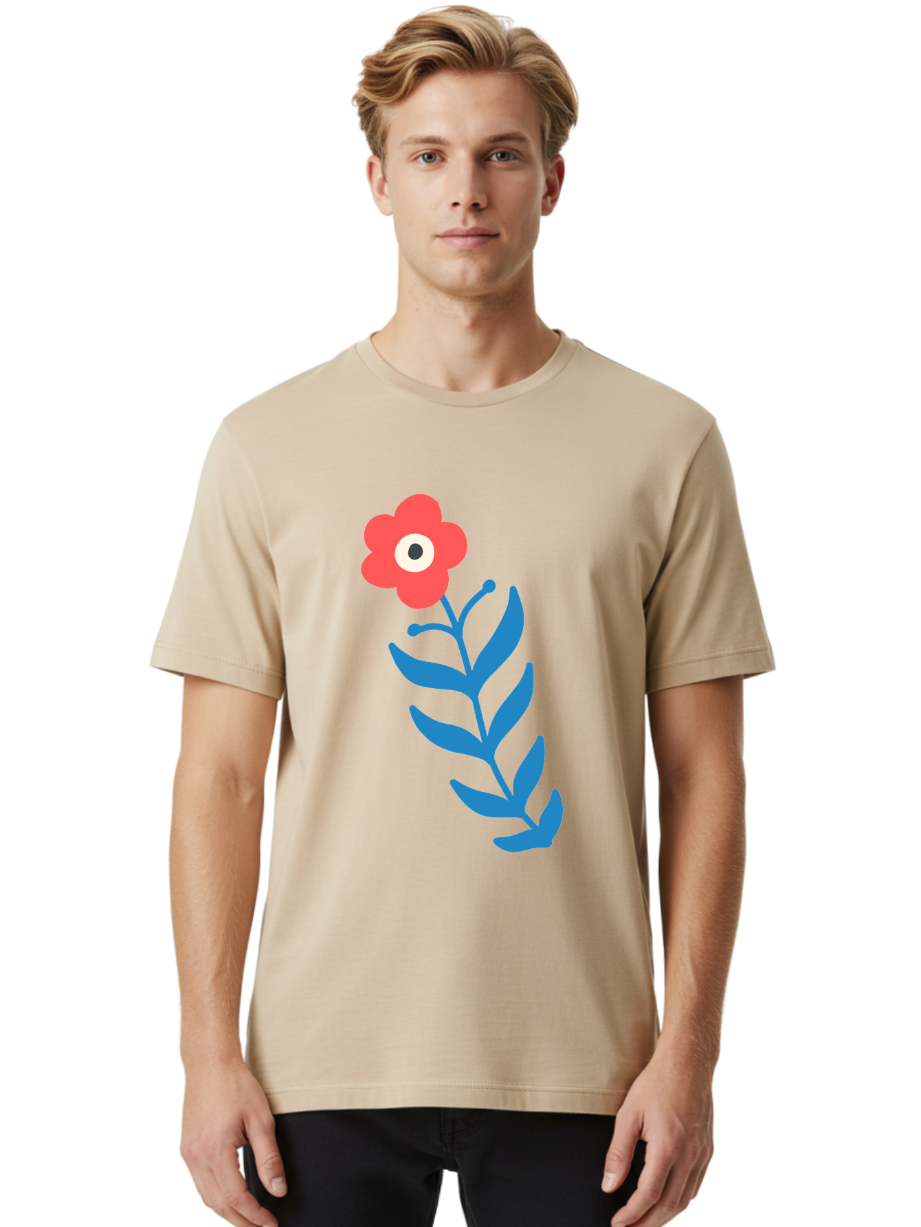 Flower-1 Men'S Graphic Tee, 100% Cotton, Comfortable Casual Summer Wear, Machine Washable, Pink Flower With Eye, Surreal Art, Abstract Design, Vibrant Petals, Blue Leaves, Minimalist Style, Quirky Illustration, Contemporary Artistry Aab721