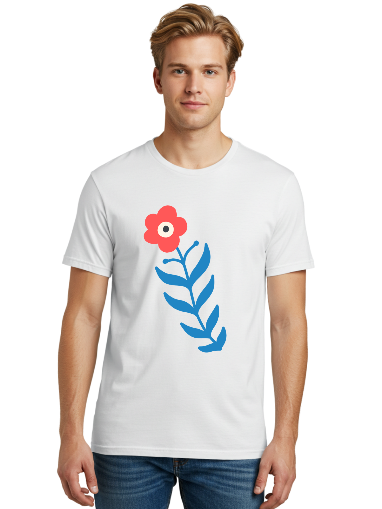 Flower-1 Men'S Graphic Tee, 100% Cotton, Comfortable Casual Summer Wear, Machine Washable, Pink Flower With Eye, Surreal Art, Abstract Design, Vibrant Petals, Blue Leaves, Minimalist Style, Quirky Illustration, Contemporary Artistry Aab721