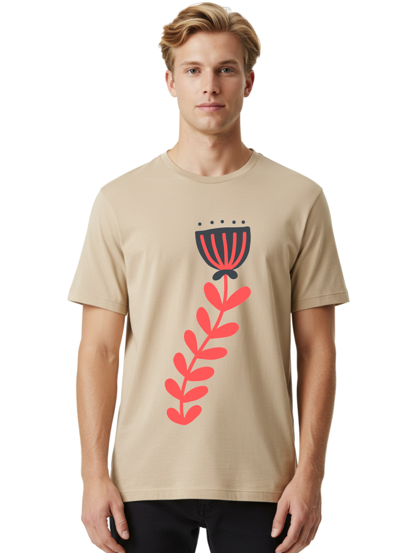 Flower-3 Men'S Graphic Tee, 100% Cotton, Comfortable Casual Summer Wear, Machine Washable, Simple Flower Illustration, Pink And Black Flower, Minimalist Design, Bold Lines, Graphic Art, Floral Motif, Modern Style Aab723