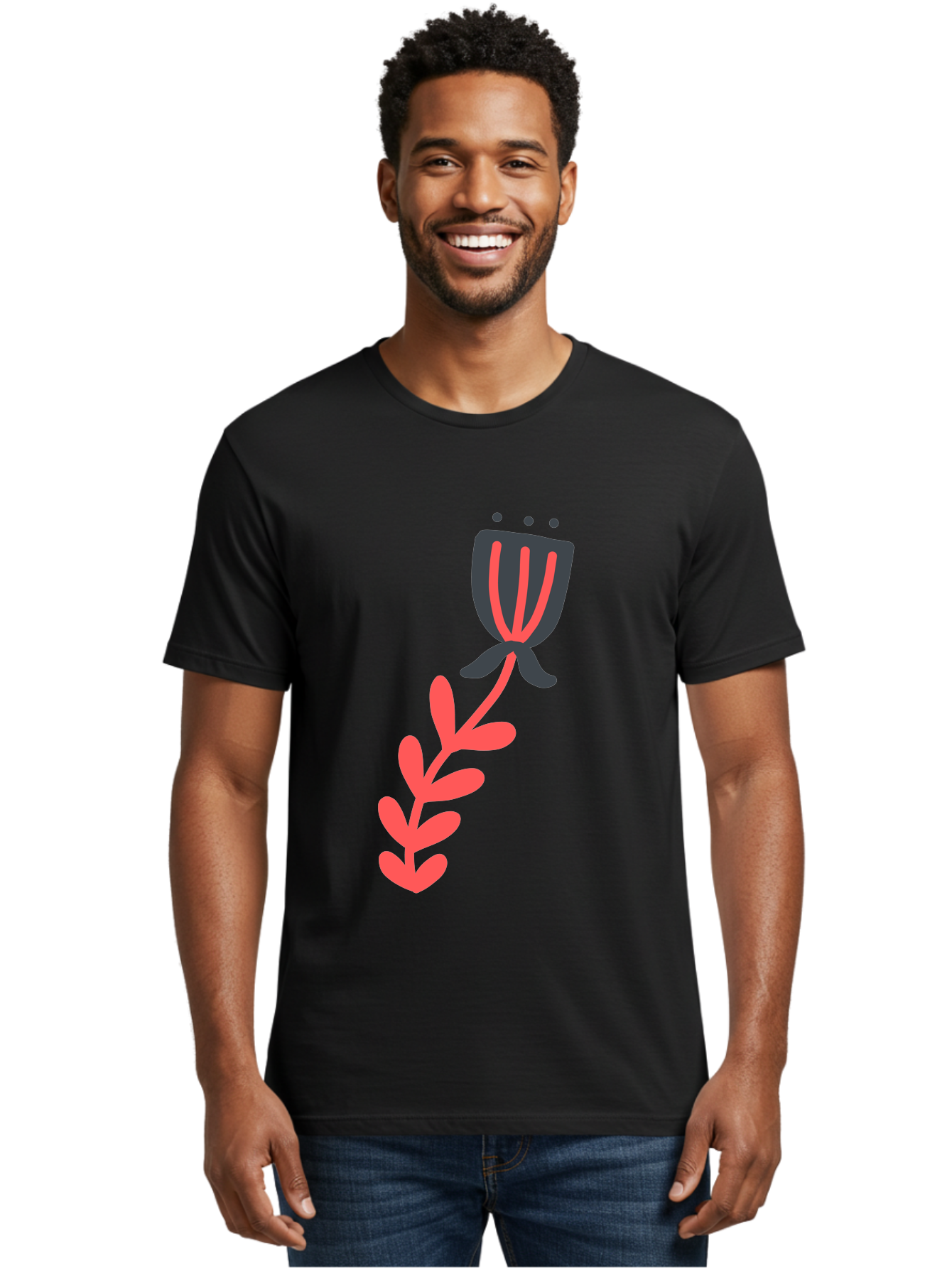 Flower-4 Men'S Graphic Tee, 100% Cotton, Comfortable Casual Summer Wear, Machine Washable, Stylized Tulip, Simple Design, Minimalist Art, Pink And Black, Floral Theme, Abstract Flower Aab724