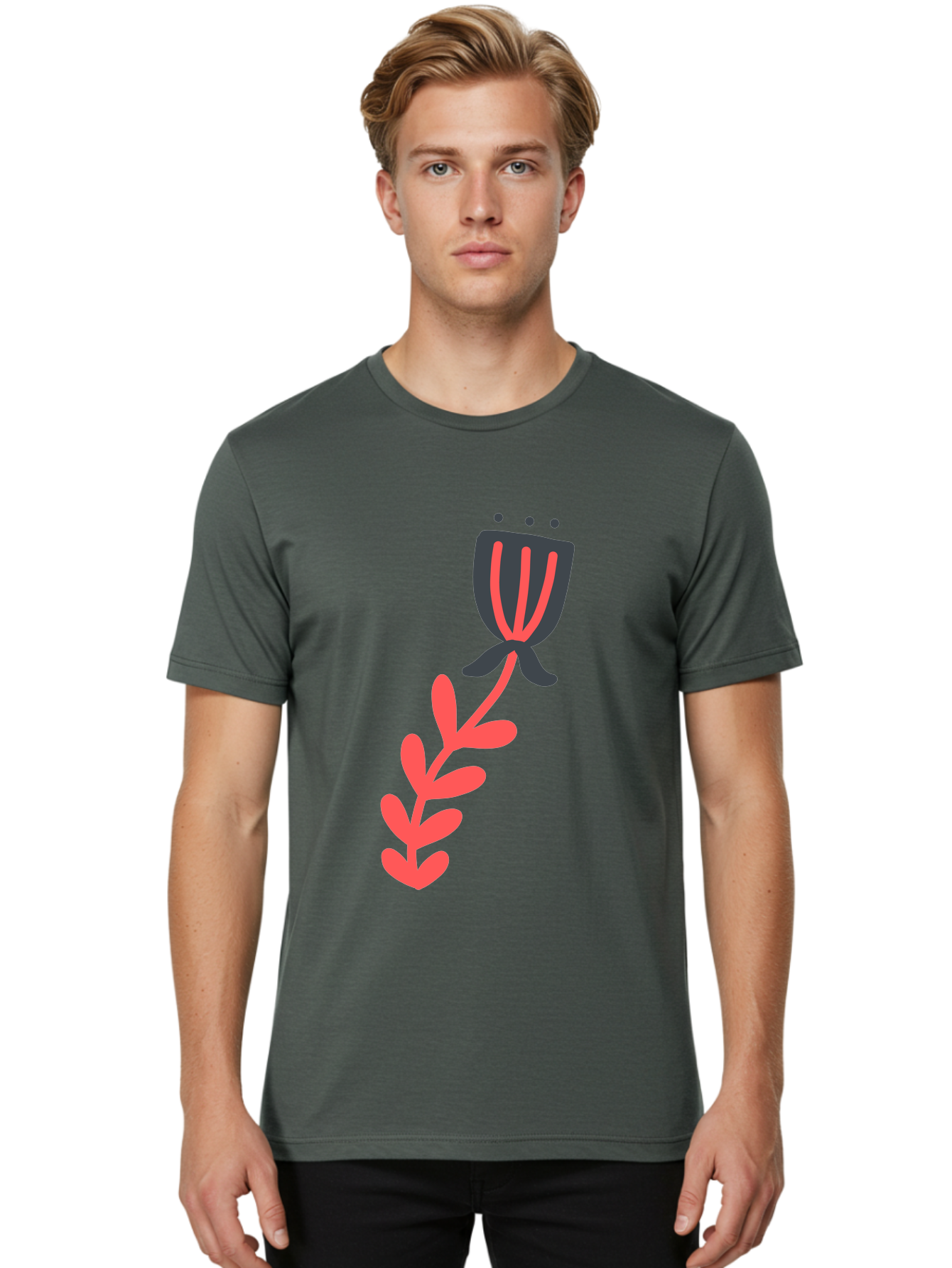 Flower-4 Men'S Graphic Tee, 100% Cotton, Comfortable Casual Summer Wear, Machine Washable, Stylized Tulip, Simple Design, Minimalist Art, Pink And Black, Floral Theme, Abstract Flower Aab724