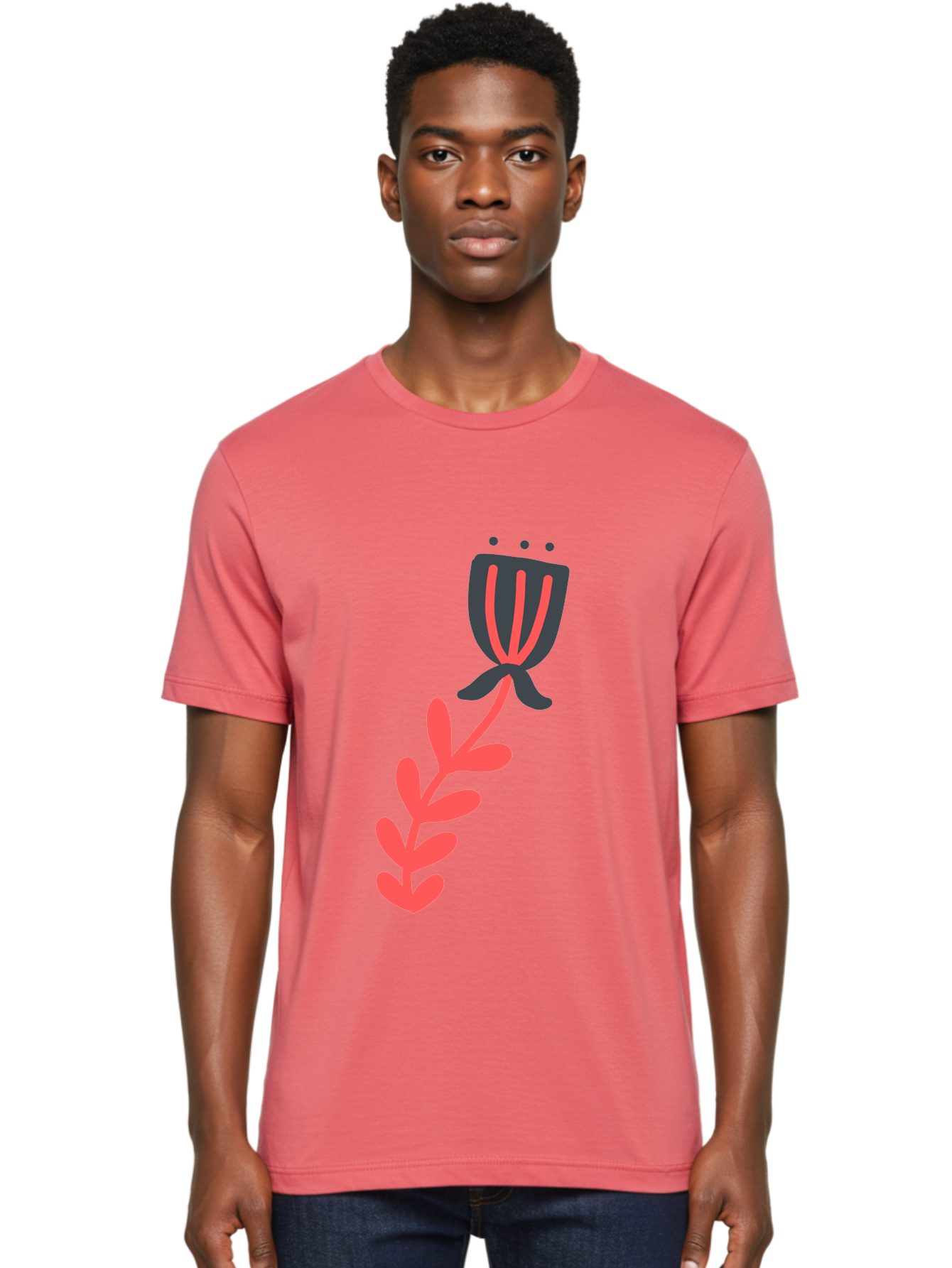 Flower-4 Men'S Graphic Tee, 100% Cotton, Comfortable Casual Summer Wear, Machine Washable, Stylized Tulip, Simple Design, Minimalist Art, Pink And Black, Floral Theme, Abstract Flower Aab724