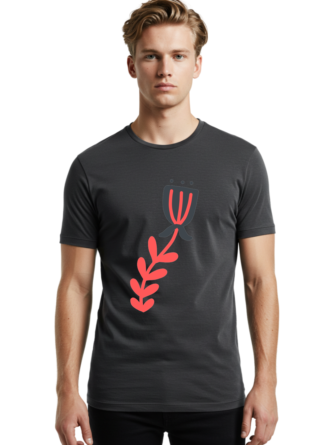 Flower-4 Men'S Graphic Tee, 100% Cotton, Comfortable Casual Summer Wear, Machine Washable, Stylized Tulip, Simple Design, Minimalist Art, Pink And Black, Floral Theme, Abstract Flower Aab724