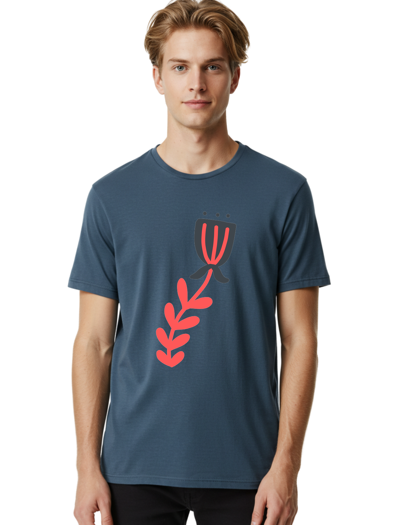 Flower-4 Men'S Graphic Tee, 100% Cotton, Comfortable Casual Summer Wear, Machine Washable, Stylized Tulip, Simple Design, Minimalist Art, Pink And Black, Floral Theme, Abstract Flower Aab724