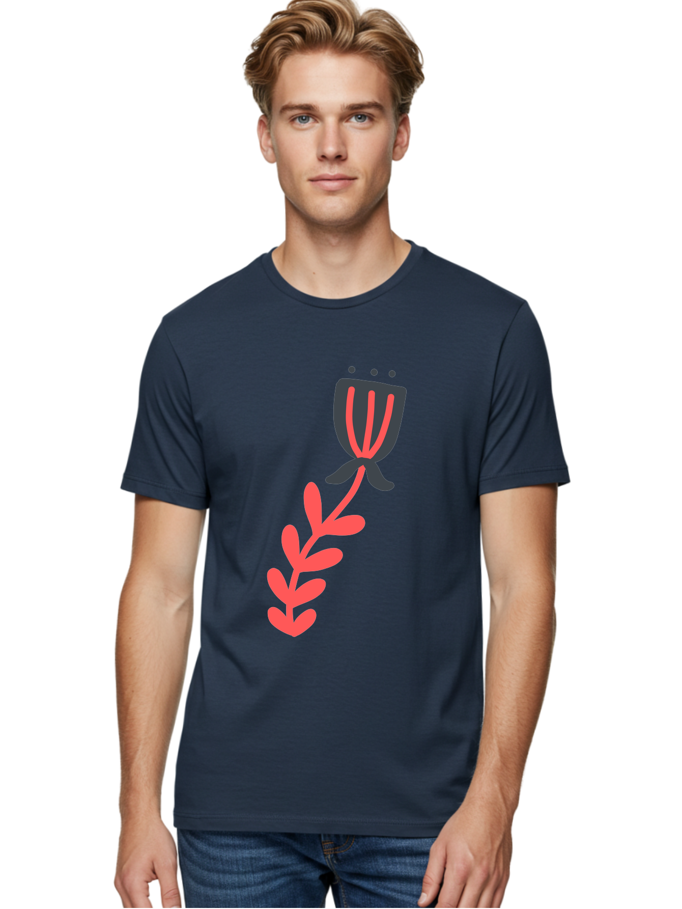 Flower-4 Men'S Graphic Tee, 100% Cotton, Comfortable Casual Summer Wear, Machine Washable, Stylized Tulip, Simple Design, Minimalist Art, Pink And Black, Floral Theme, Abstract Flower Aab724