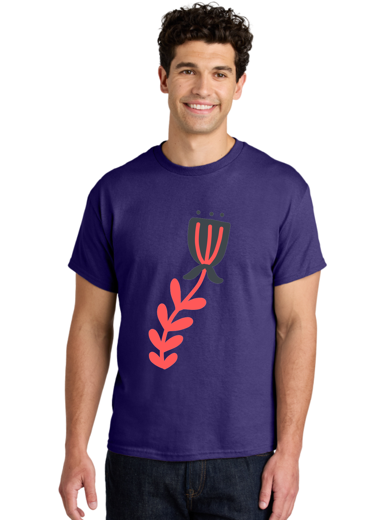Flower-4 Men'S Graphic Tee, 100% Cotton, Comfortable Casual Summer Wear, Machine Washable, Stylized Tulip, Simple Design, Minimalist Art, Pink And Black, Floral Theme, Abstract Flower Aab724