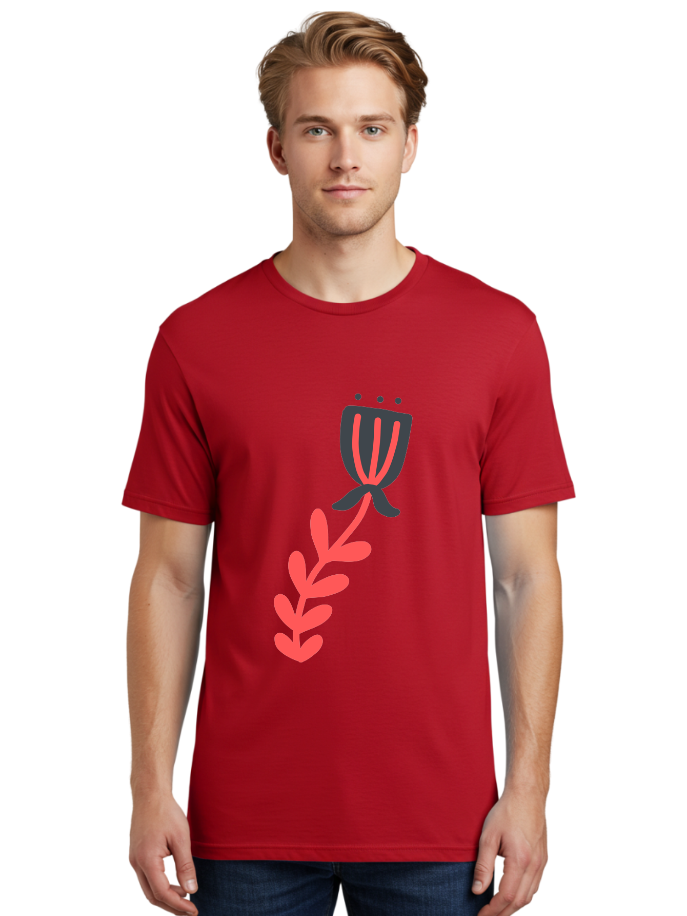 Flower-4 Men'S Graphic Tee, 100% Cotton, Comfortable Casual Summer Wear, Machine Washable, Stylized Tulip, Simple Design, Minimalist Art, Pink And Black, Floral Theme, Abstract Flower Aab724