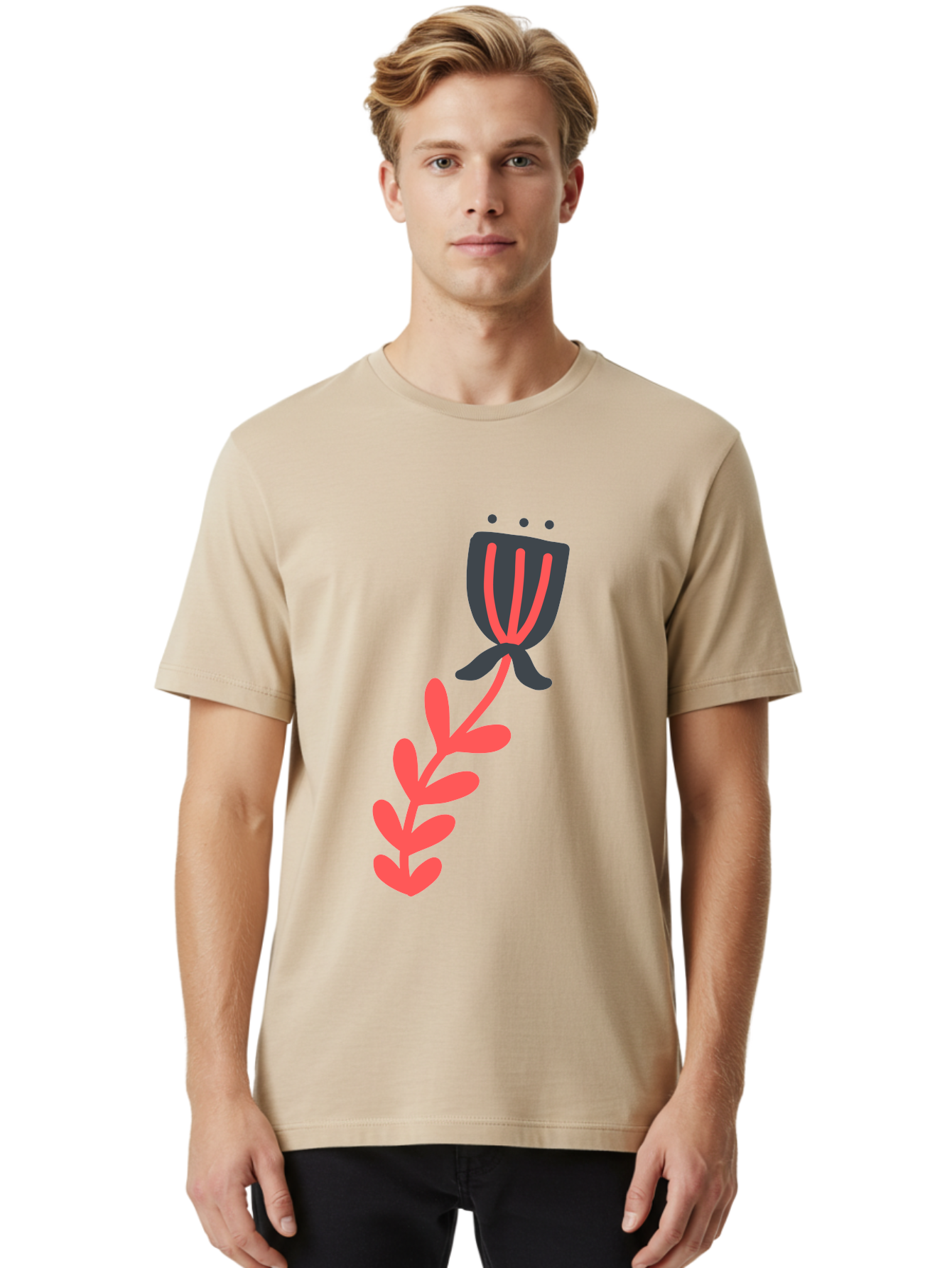 Flower-4 Men'S Graphic Tee, 100% Cotton, Comfortable Casual Summer Wear, Machine Washable, Stylized Tulip, Simple Design, Minimalist Art, Pink And Black, Floral Theme, Abstract Flower Aab724