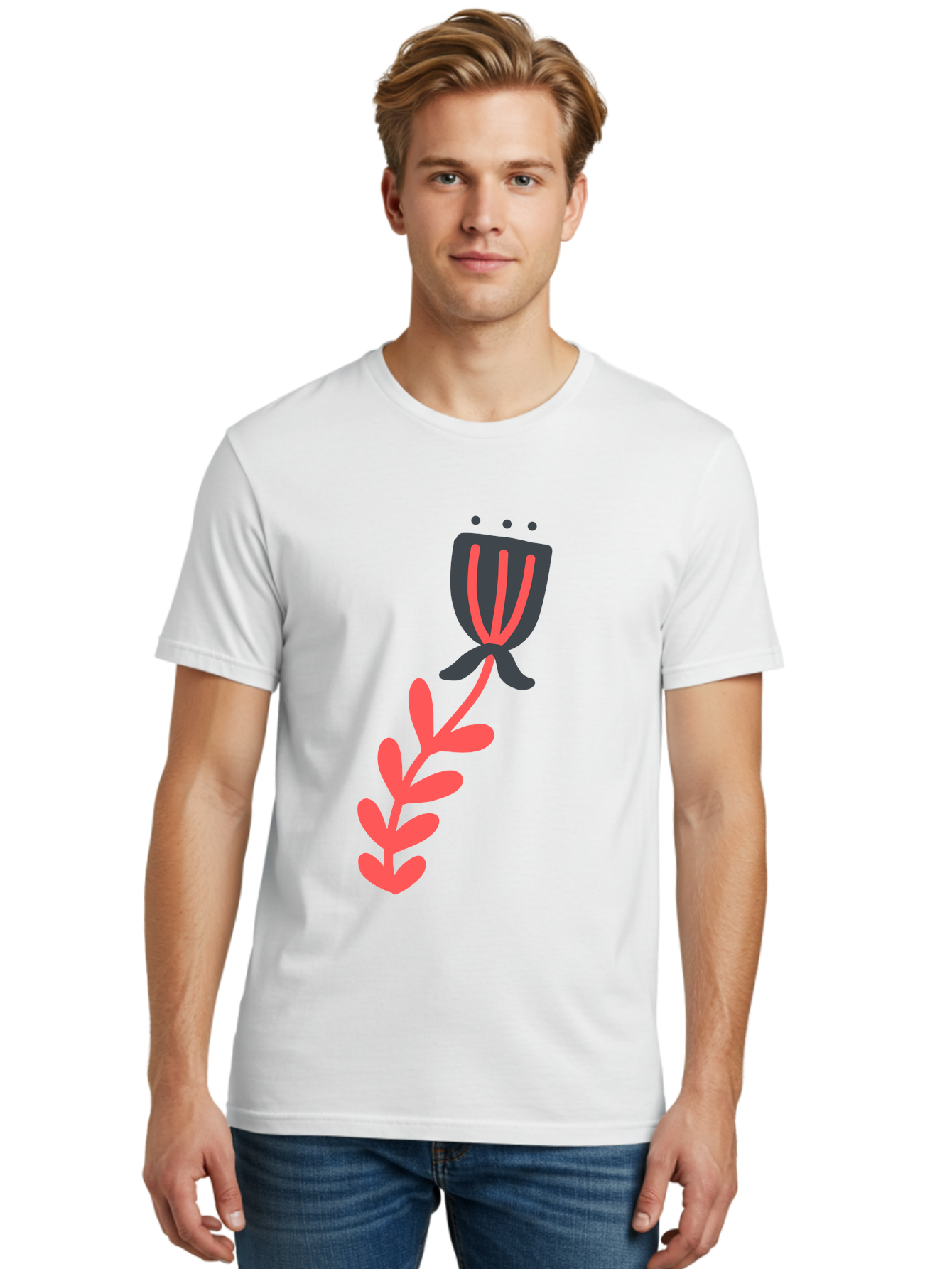 Flower-4 Men'S Graphic Tee, 100% Cotton, Comfortable Casual Summer Wear, Machine Washable, Stylized Tulip, Simple Design, Minimalist Art, Pink And Black, Floral Theme, Abstract Flower Aab724