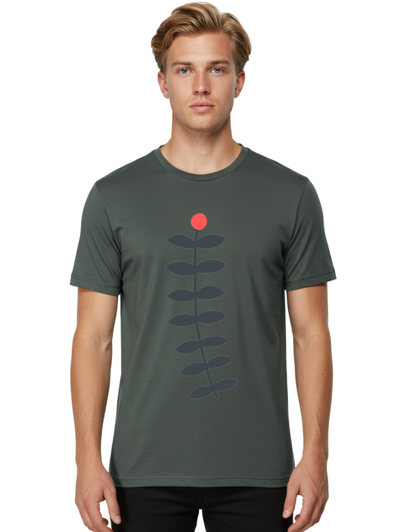 Flower-5 Men'S Graphic Tee, 100% Cotton, Comfortable Casual Summer Wear, Machine Washable, Simple Flower Illustration, Red Bloom, Dark Green Leaves, Minimalist Design, Botanical Art, Floral Graphic Aab725