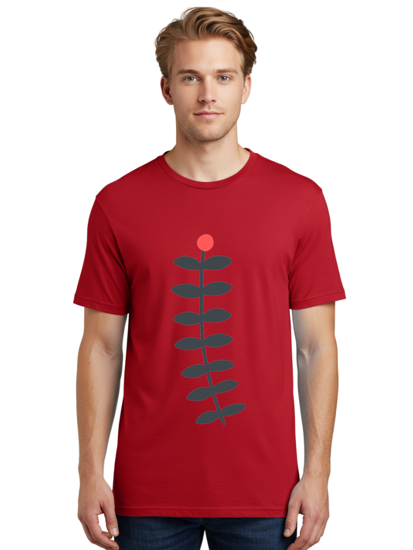 Flower-5 Men'S Graphic Tee, 100% Cotton, Comfortable Casual Summer Wear, Machine Washable, Simple Flower Illustration, Red Bloom, Dark Green Leaves, Minimalist Design, Botanical Art, Floral Graphic Aab725