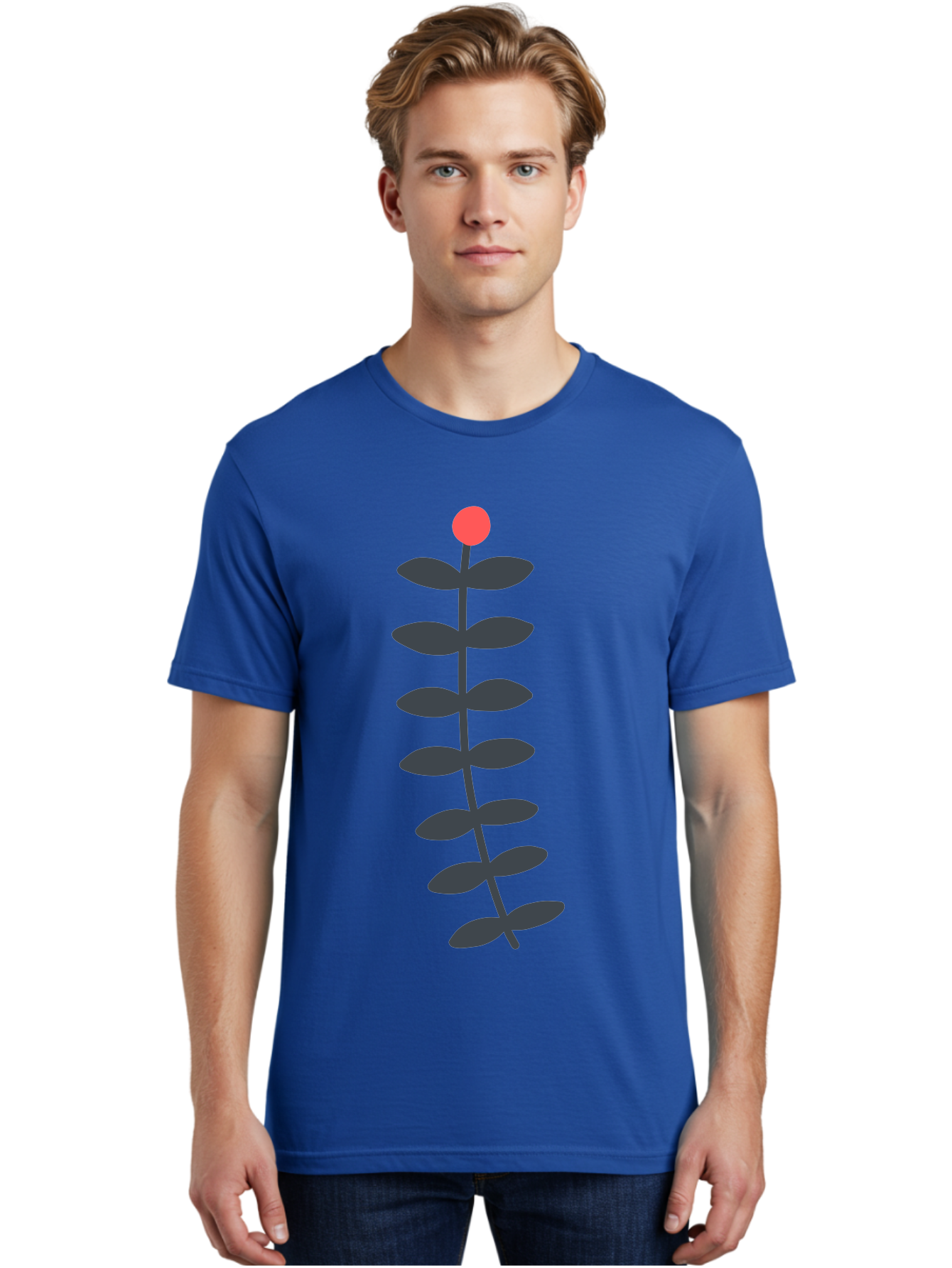 Flower-5 Men'S Graphic Tee, 100% Cotton, Comfortable Casual Summer Wear, Machine Washable, Simple Flower Illustration, Red Bloom, Dark Green Leaves, Minimalist Design, Botanical Art, Floral Graphic Aab725
