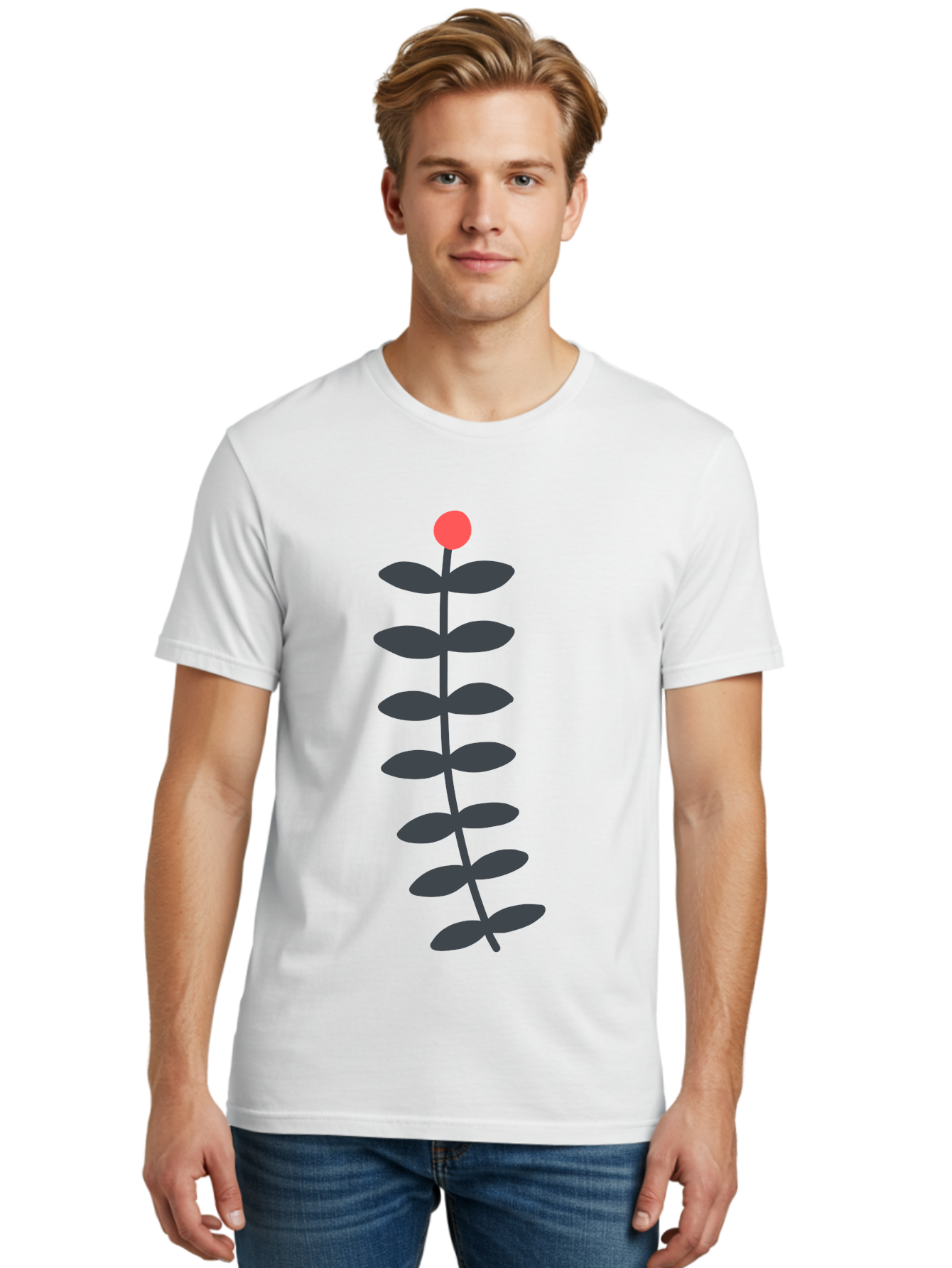 Flower-5 Men'S Graphic Tee, 100% Cotton, Comfortable Casual Summer Wear, Machine Washable, Simple Flower Illustration, Red Bloom, Dark Green Leaves, Minimalist Design, Botanical Art, Floral Graphic Aab725