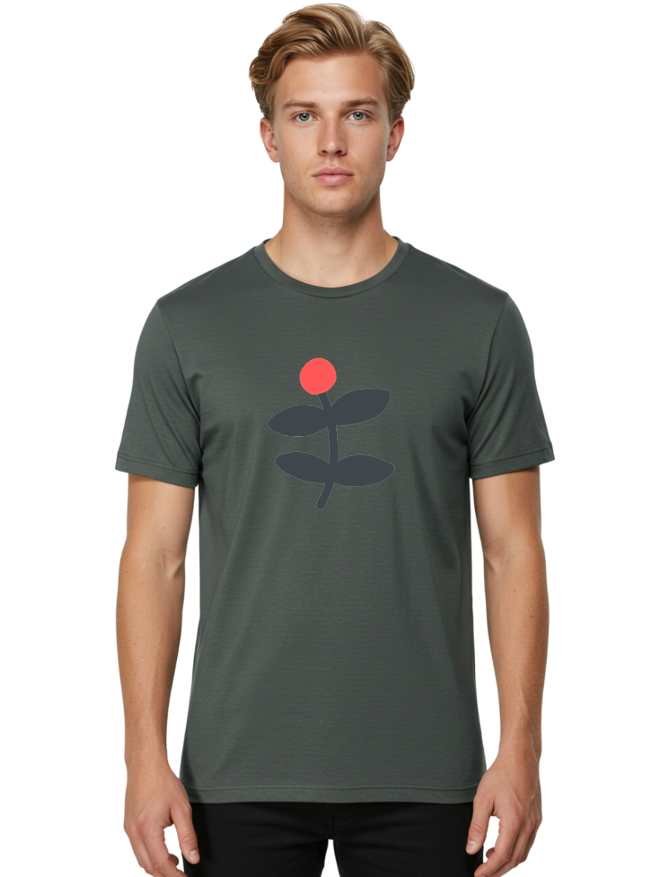 Flower-6 Men'S Graphic Tee, 100% Cotton, Comfortable Casual Summer Wear, Machine Washable, Simple Flower Illustration, Red Bud, Dark Grey Leaves, Minimalist Design, Modern Floral Art, Graphic Illustration, Bold Colors Aab726