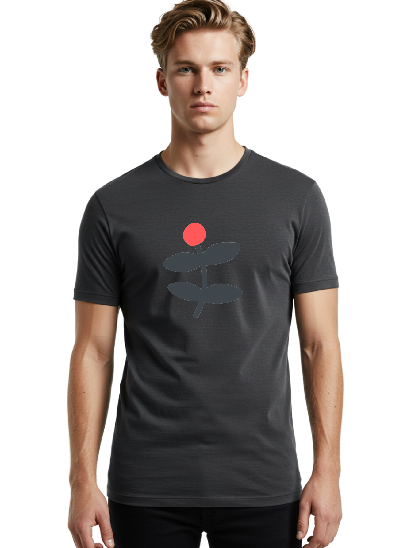 Flower-6 Men'S Graphic Tee, 100% Cotton, Comfortable Casual Summer Wear, Machine Washable, Simple Flower Illustration, Red Bud, Dark Grey Leaves, Minimalist Design, Modern Floral Art, Graphic Illustration, Bold Colors Aab726