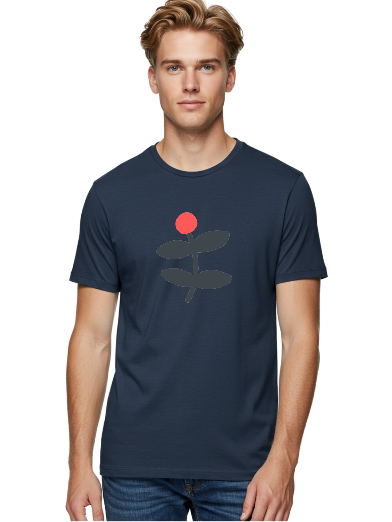 Flower-6 Men'S Graphic Tee, 100% Cotton, Comfortable Casual Summer Wear, Machine Washable, Simple Flower Illustration, Red Bud, Dark Grey Leaves, Minimalist Design, Modern Floral Art, Graphic Illustration, Bold Colors Aab726