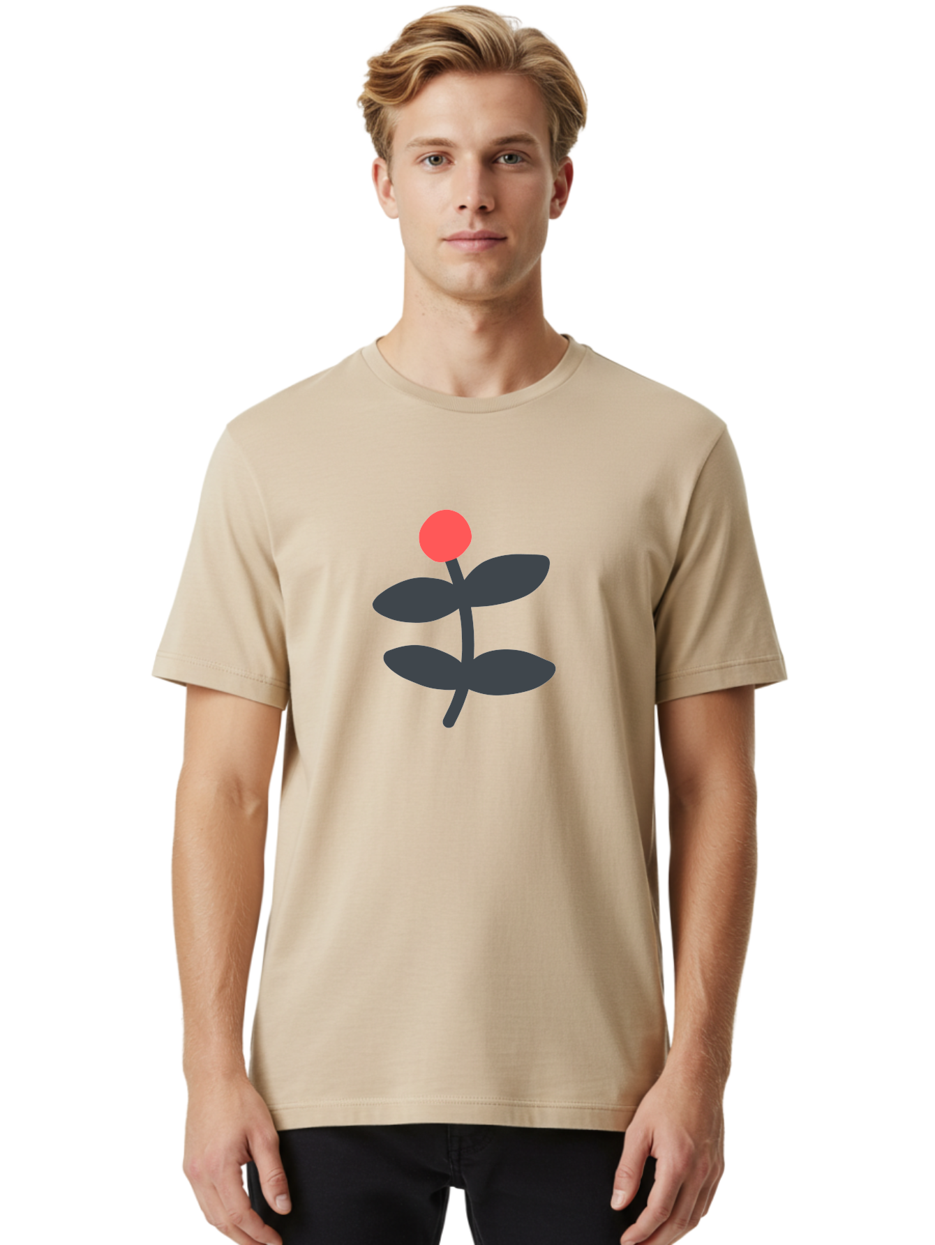 Flower-6 Men'S Graphic Tee, 100% Cotton, Comfortable Casual Summer Wear, Machine Washable, Simple Flower Illustration, Red Bud, Dark Grey Leaves, Minimalist Design, Modern Floral Art, Graphic Illustration, Bold Colors Aab726