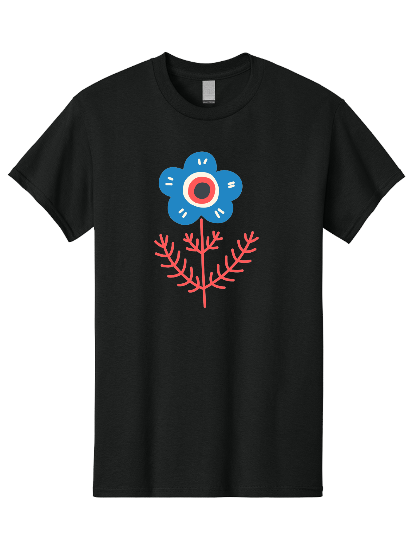 Flower-7 Men'S Graphic Tee, 100% Cotton, Comfortable Casual Summer Wear, Machine Washable, Stylized Flower, Blue Petals, Red And White Center, Pink Leaves, Simple Design, Modern Art, Minimalist Aesthetic, Floral Motif, Abstract Representation Aab727
