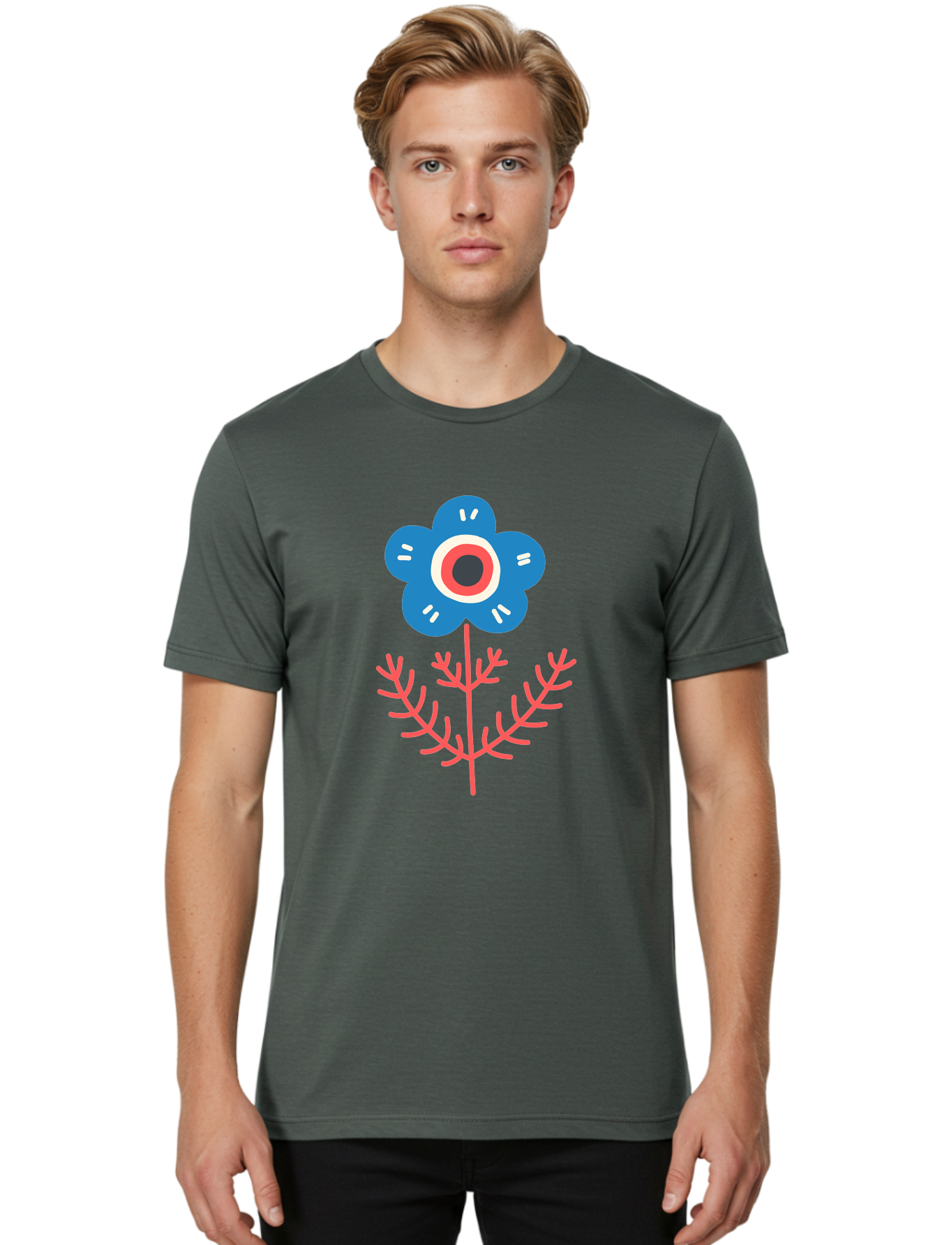 Flower-7 Men'S Graphic Tee, 100% Cotton, Comfortable Casual Summer Wear, Machine Washable, Stylized Flower, Blue Petals, Red And White Center, Pink Leaves, Simple Design, Modern Art, Minimalist Aesthetic, Floral Motif, Abstract Representation Aab727