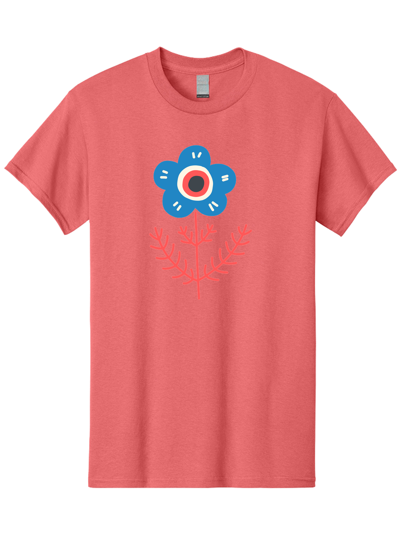 Flower-7 Men'S Graphic Tee, 100% Cotton, Comfortable Casual Summer Wear, Machine Washable, Stylized Flower, Blue Petals, Red And White Center, Pink Leaves, Simple Design, Modern Art, Minimalist Aesthetic, Floral Motif, Abstract Representation Aab727