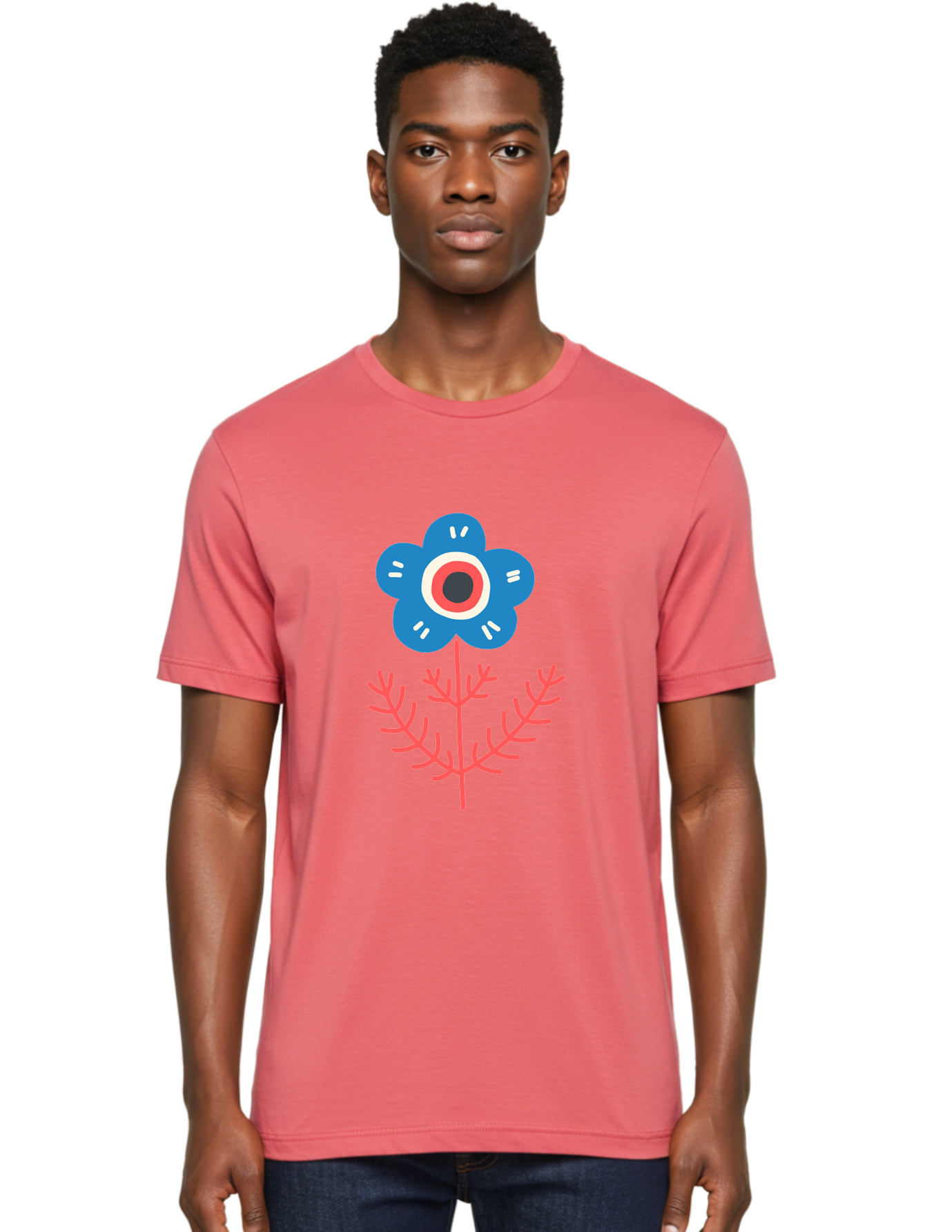 Flower-7 Men'S Graphic Tee, 100% Cotton, Comfortable Casual Summer Wear, Machine Washable, Stylized Flower, Blue Petals, Red And White Center, Pink Leaves, Simple Design, Modern Art, Minimalist Aesthetic, Floral Motif, Abstract Representation Aab727