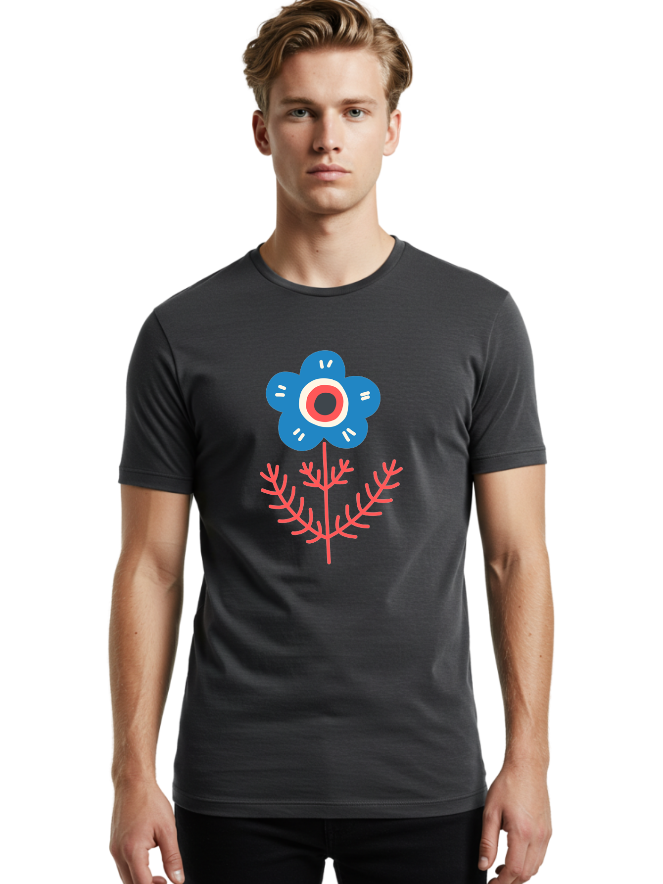 Flower-7 Men'S Graphic Tee, 100% Cotton, Comfortable Casual Summer Wear, Machine Washable, Stylized Flower, Blue Petals, Red And White Center, Pink Leaves, Simple Design, Modern Art, Minimalist Aesthetic, Floral Motif, Abstract Representation Aab727