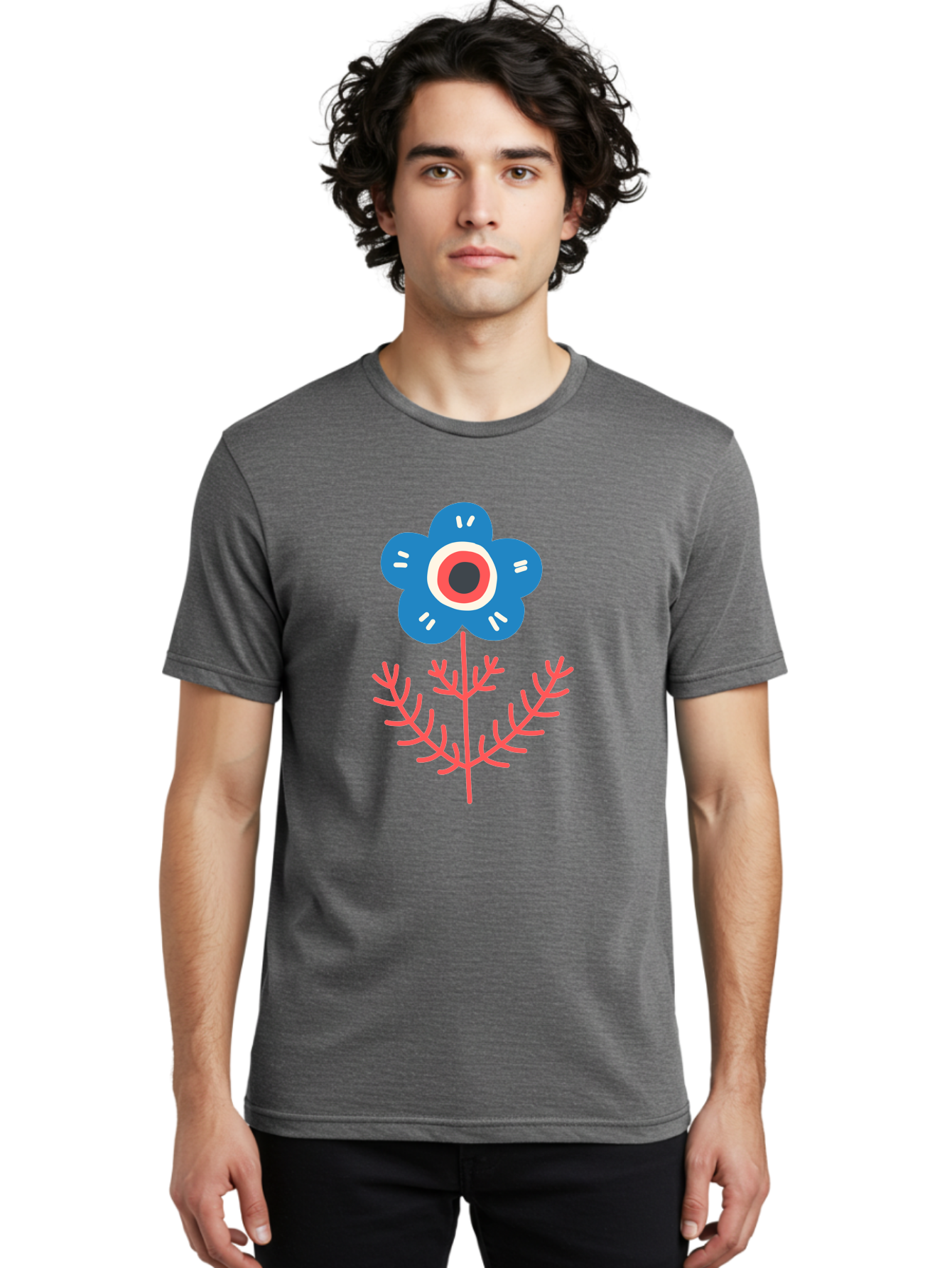 Flower-7 Men'S Graphic Tee, 100% Cotton, Comfortable Casual Summer Wear, Machine Washable, Stylized Flower, Blue Petals, Red And White Center, Pink Leaves, Simple Design, Modern Art, Minimalist Aesthetic, Floral Motif, Abstract Representation Aab727