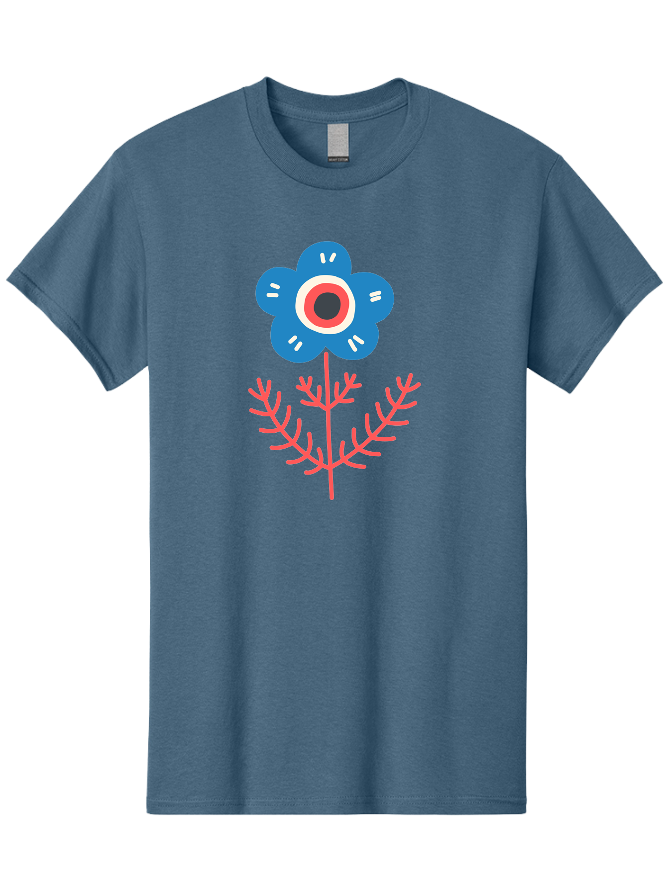 Flower-7 Men'S Graphic Tee, 100% Cotton, Comfortable Casual Summer Wear, Machine Washable, Stylized Flower, Blue Petals, Red And White Center, Pink Leaves, Simple Design, Modern Art, Minimalist Aesthetic, Floral Motif, Abstract Representation Aab727