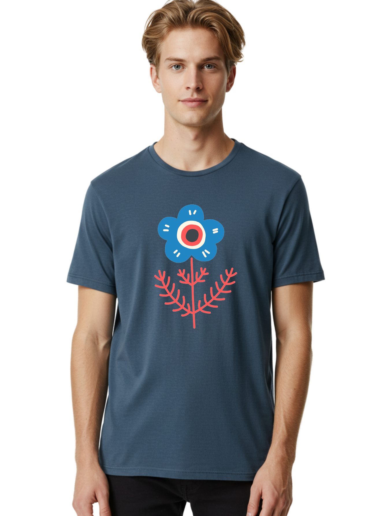 Flower-7 Men'S Graphic Tee, 100% Cotton, Comfortable Casual Summer Wear, Machine Washable, Stylized Flower, Blue Petals, Red And White Center, Pink Leaves, Simple Design, Modern Art, Minimalist Aesthetic, Floral Motif, Abstract Representation Aab727