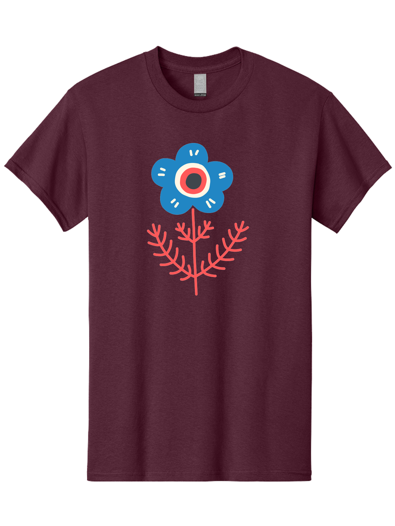 Flower-7 Men'S Graphic Tee, 100% Cotton, Comfortable Casual Summer Wear, Machine Washable, Stylized Flower, Blue Petals, Red And White Center, Pink Leaves, Simple Design, Modern Art, Minimalist Aesthetic, Floral Motif, Abstract Representation Aab727