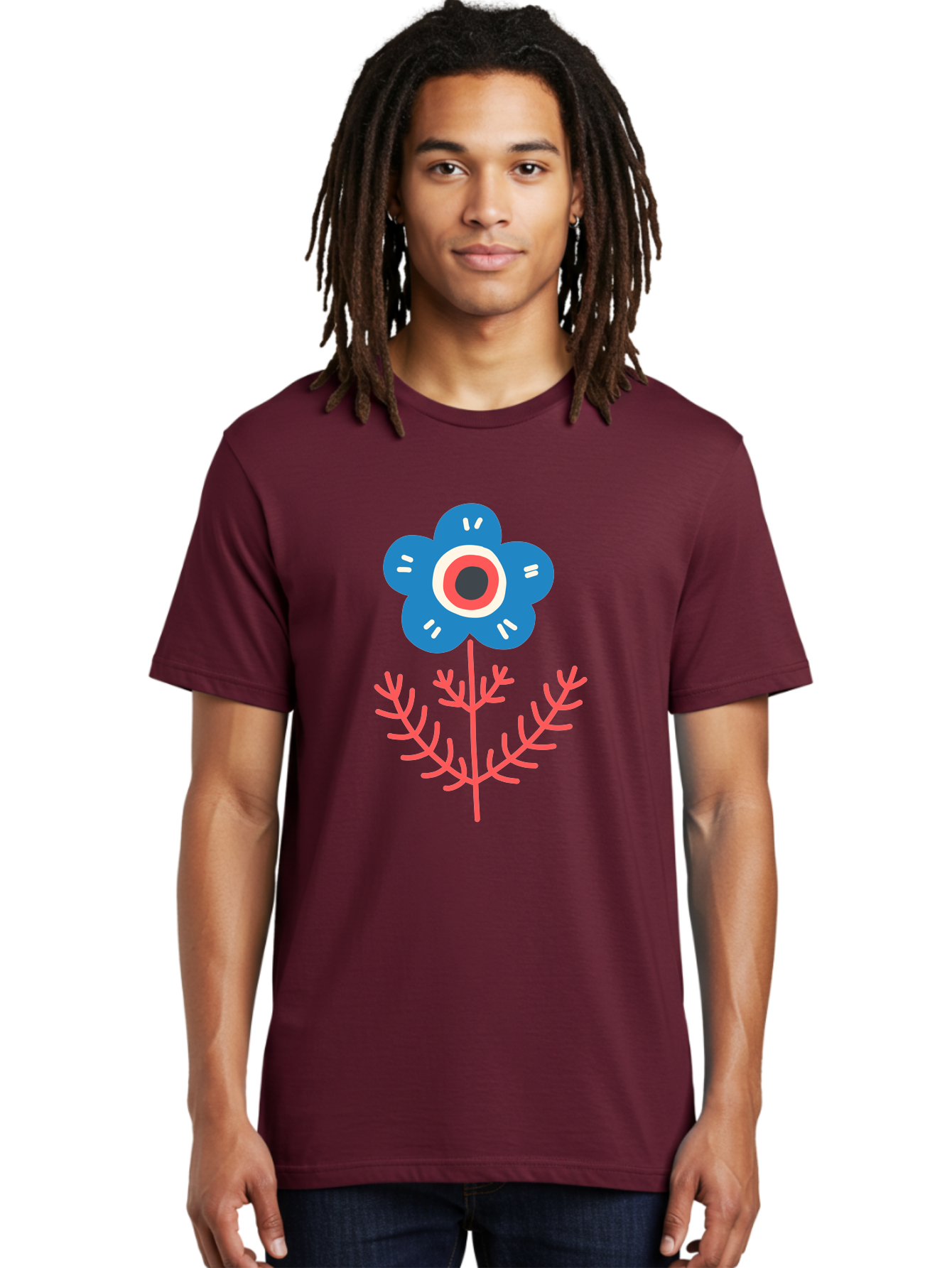 Flower-7 Men'S Graphic Tee, 100% Cotton, Comfortable Casual Summer Wear, Machine Washable, Stylized Flower, Blue Petals, Red And White Center, Pink Leaves, Simple Design, Modern Art, Minimalist Aesthetic, Floral Motif, Abstract Representation Aab727