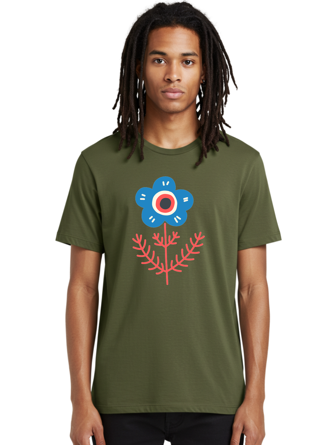 Flower-7 Men'S Graphic Tee, 100% Cotton, Comfortable Casual Summer Wear, Machine Washable, Stylized Flower, Blue Petals, Red And White Center, Pink Leaves, Simple Design, Modern Art, Minimalist Aesthetic, Floral Motif, Abstract Representation Aab727