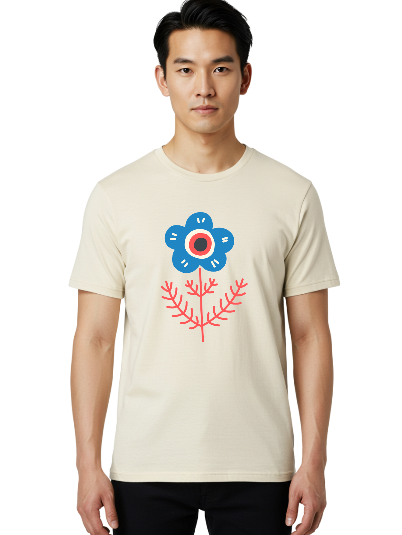 Flower-7 Men'S Graphic Tee, 100% Cotton, Comfortable Casual Summer Wear, Machine Washable, Stylized Flower, Blue Petals, Red And White Center, Pink Leaves, Simple Design, Modern Art, Minimalist Aesthetic, Floral Motif, Abstract Representation Aab727