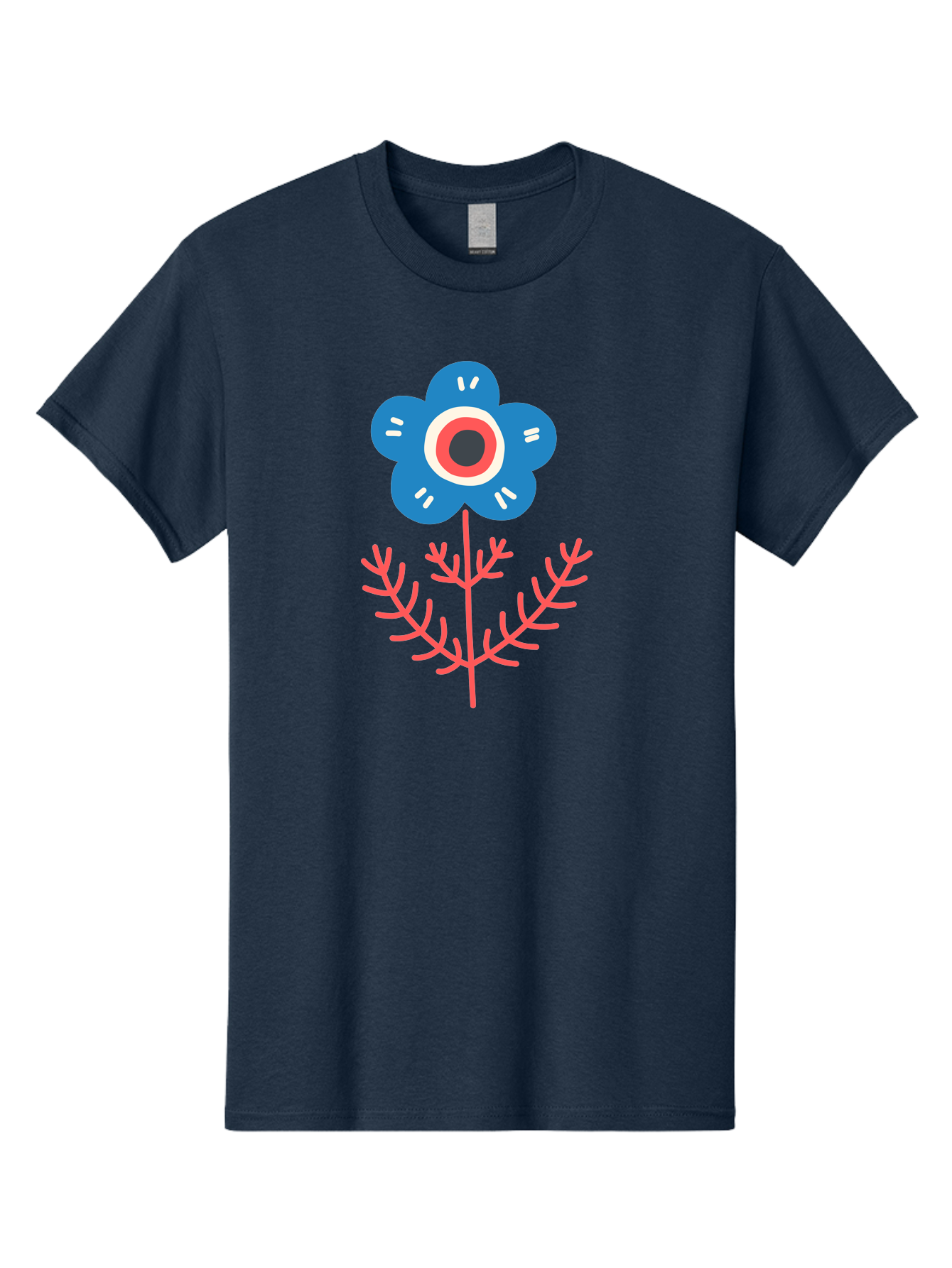Flower-7 Men'S Graphic Tee, 100% Cotton, Comfortable Casual Summer Wear, Machine Washable, Stylized Flower, Blue Petals, Red And White Center, Pink Leaves, Simple Design, Modern Art, Minimalist Aesthetic, Floral Motif, Abstract Representation Aab727