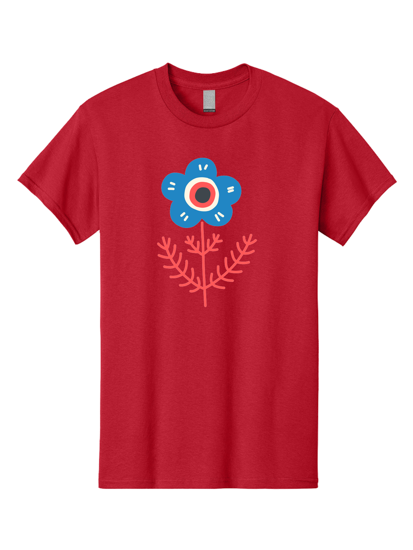 Flower-7 Men'S Graphic Tee, 100% Cotton, Comfortable Casual Summer Wear, Machine Washable, Stylized Flower, Blue Petals, Red And White Center, Pink Leaves, Simple Design, Modern Art, Minimalist Aesthetic, Floral Motif, Abstract Representation Aab727