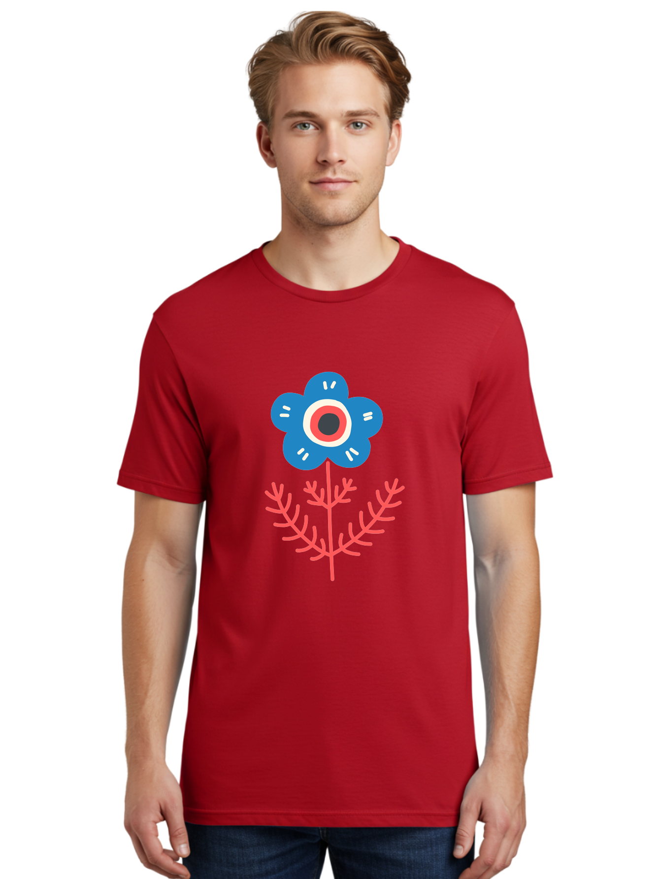 Flower-7 Men'S Graphic Tee, 100% Cotton, Comfortable Casual Summer Wear, Machine Washable, Stylized Flower, Blue Petals, Red And White Center, Pink Leaves, Simple Design, Modern Art, Minimalist Aesthetic, Floral Motif, Abstract Representation Aab727
