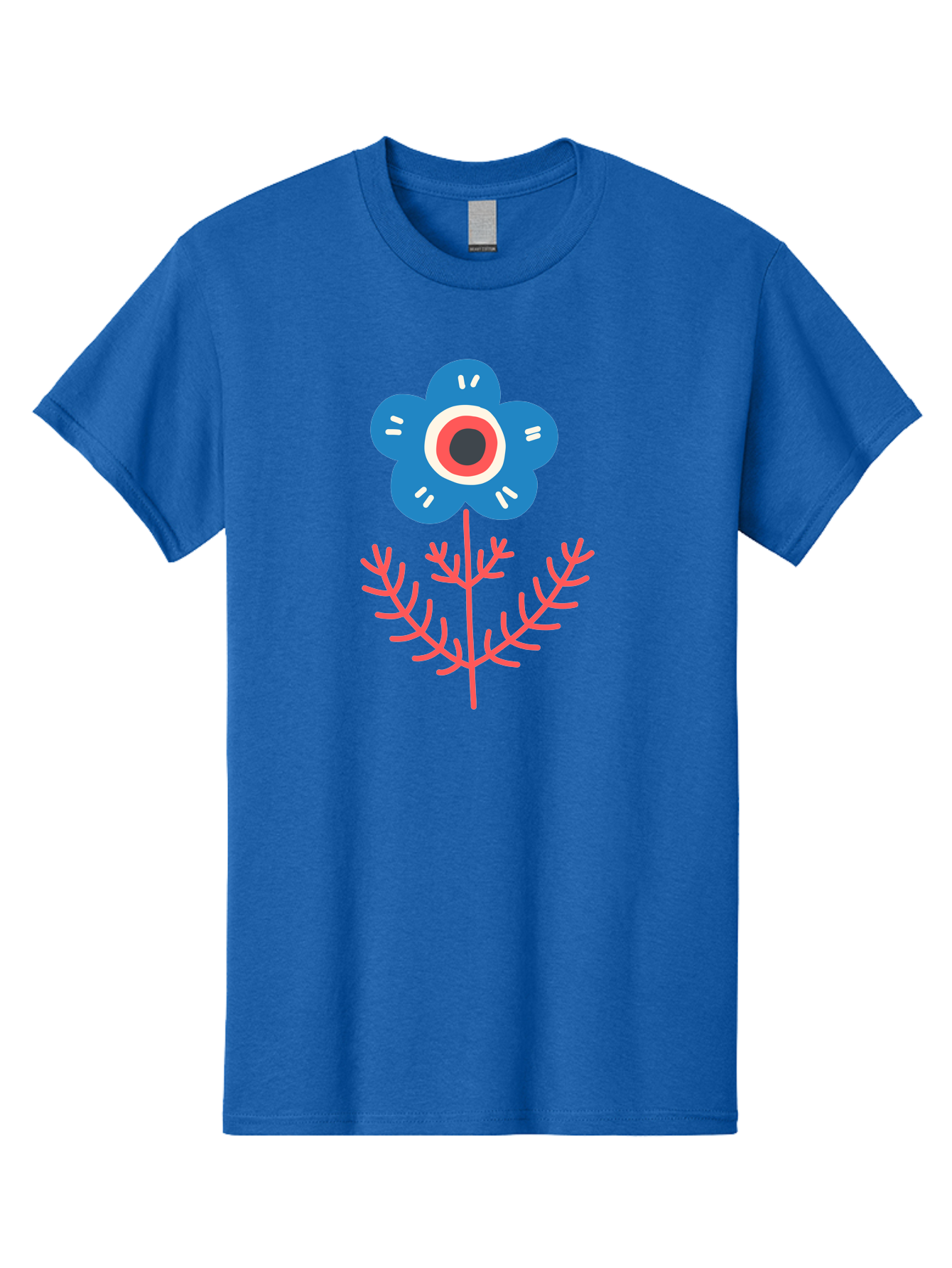 Flower-7 Men'S Graphic Tee, 100% Cotton, Comfortable Casual Summer Wear, Machine Washable, Stylized Flower, Blue Petals, Red And White Center, Pink Leaves, Simple Design, Modern Art, Minimalist Aesthetic, Floral Motif, Abstract Representation Aab727