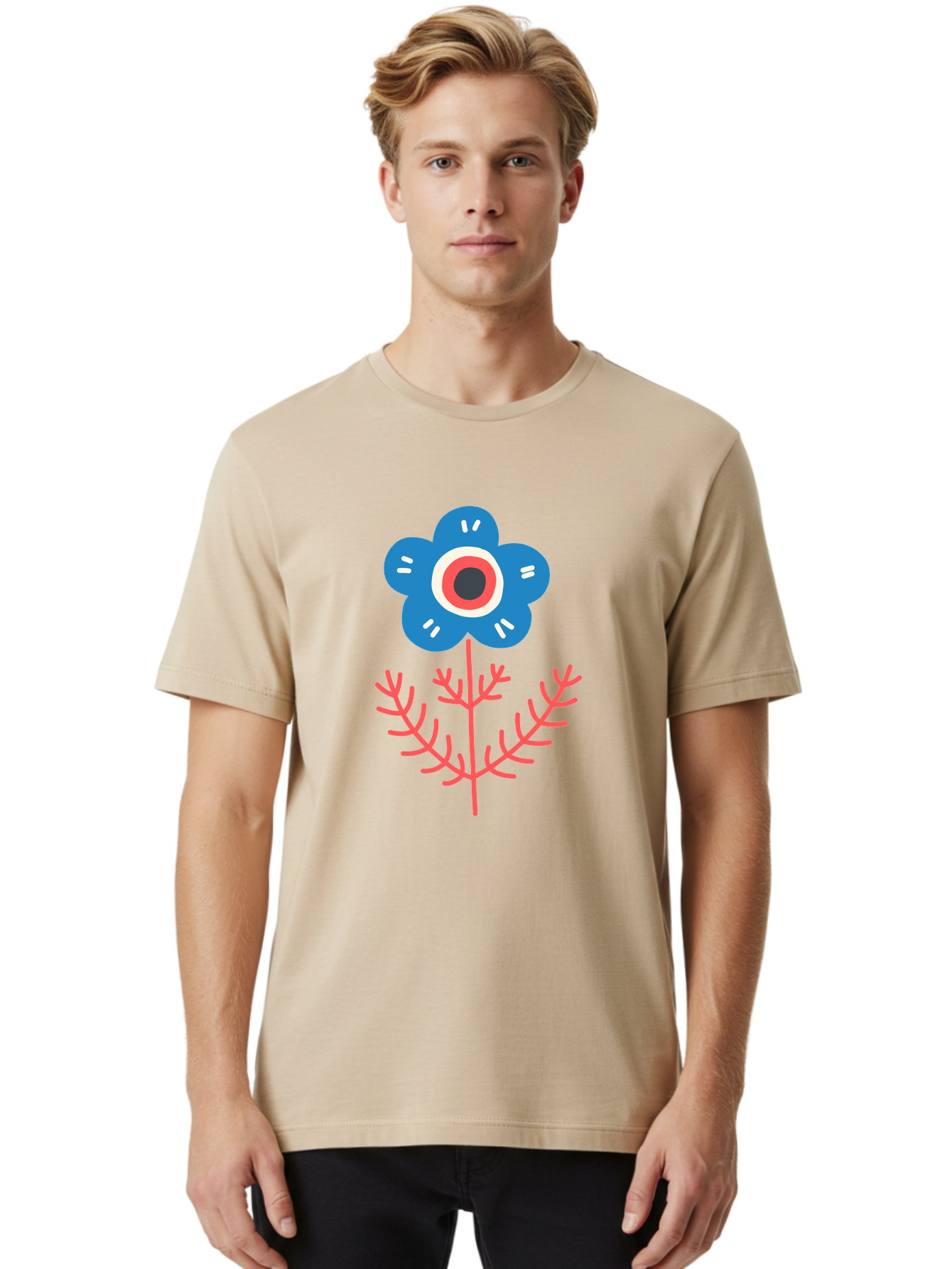 Flower-7 Men'S Graphic Tee, 100% Cotton, Comfortable Casual Summer Wear, Machine Washable, Stylized Flower, Blue Petals, Red And White Center, Pink Leaves, Simple Design, Modern Art, Minimalist Aesthetic, Floral Motif, Abstract Representation Aab727