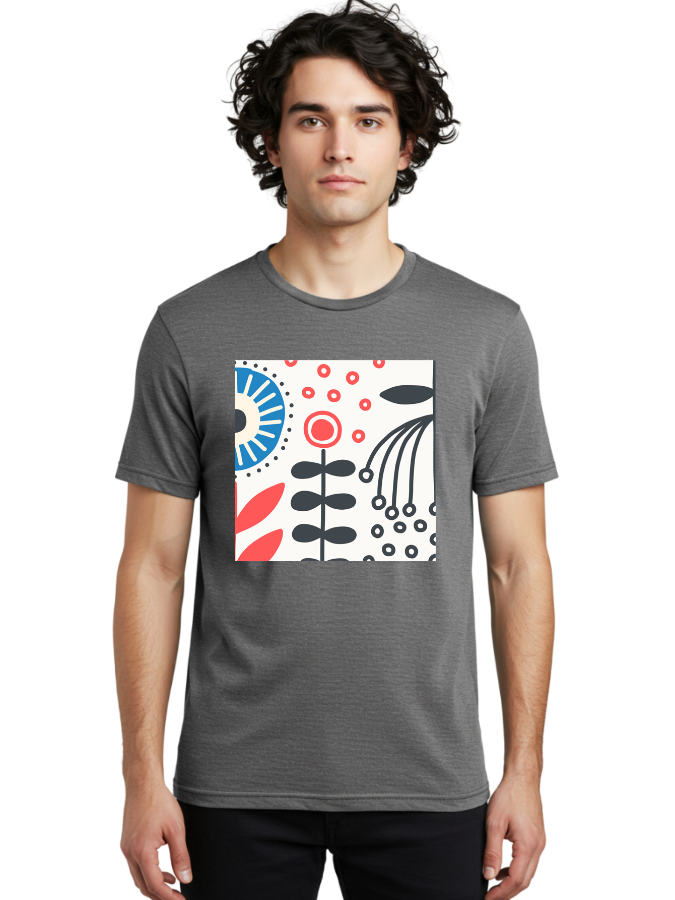 Flower-Design Men'S Graphic Tee, 100% Cotton, Comfortable Casual Summer Wear, Machine Washable, Abstract Floral Pattern, Minimalist Design, Bold Graphics, Modern Art, Floral Motifs, Red And Black Accents, Stylized Flowers, Geometric Shapes, Aab728