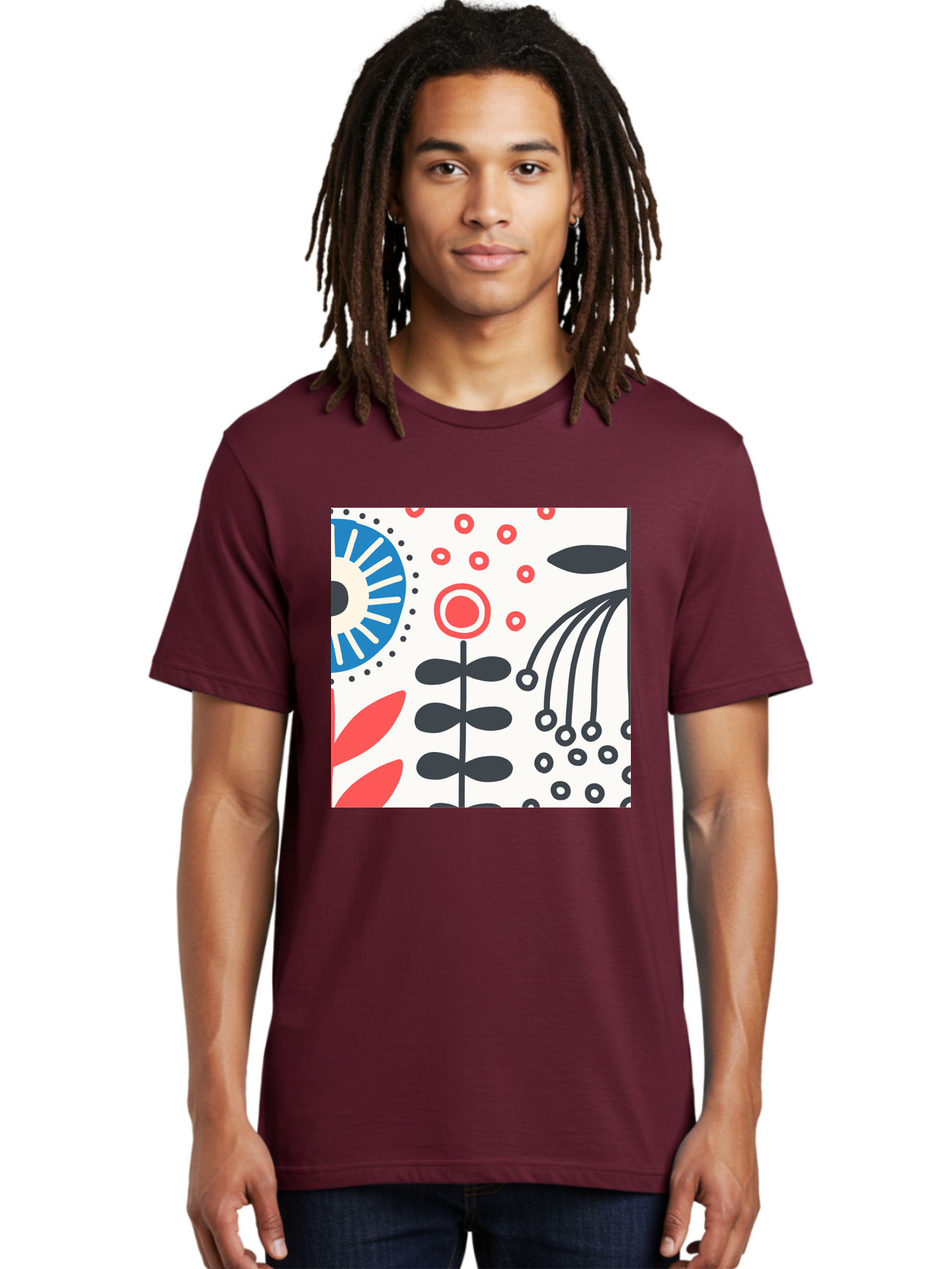 Flower-Design Men'S Graphic Tee, 100% Cotton, Comfortable Casual Summer Wear, Machine Washable, Abstract Floral Pattern, Minimalist Design, Bold Graphics, Modern Art, Floral Motifs, Red And Black Accents, Stylized Flowers, Geometric Shapes, Aab728