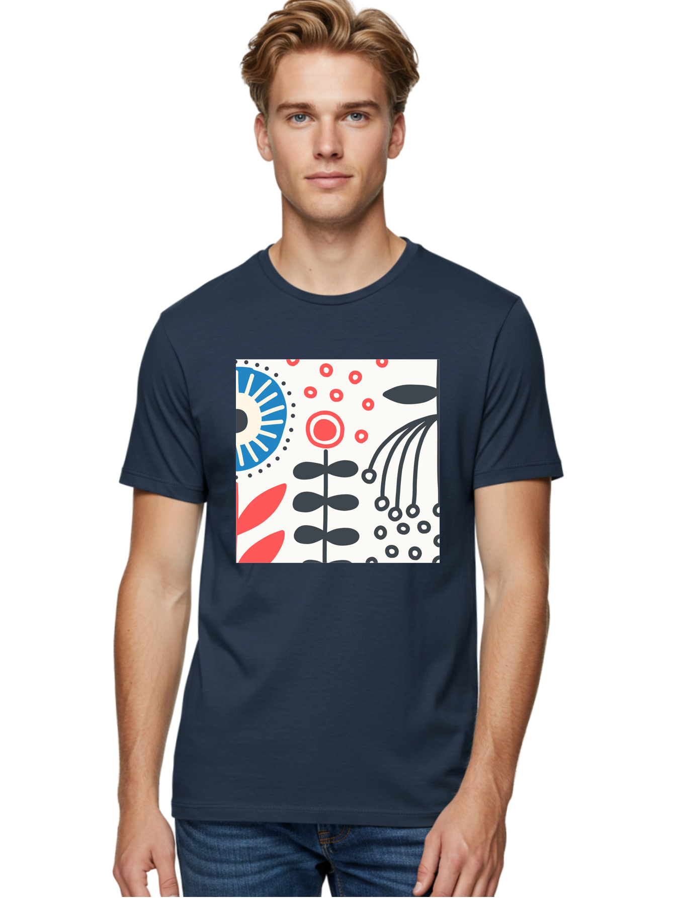 Flower-Design Men'S Graphic Tee, 100% Cotton, Comfortable Casual Summer Wear, Machine Washable, Abstract Floral Pattern, Minimalist Design, Bold Graphics, Modern Art, Floral Motifs, Red And Black Accents, Stylized Flowers, Geometric Shapes, Aab728