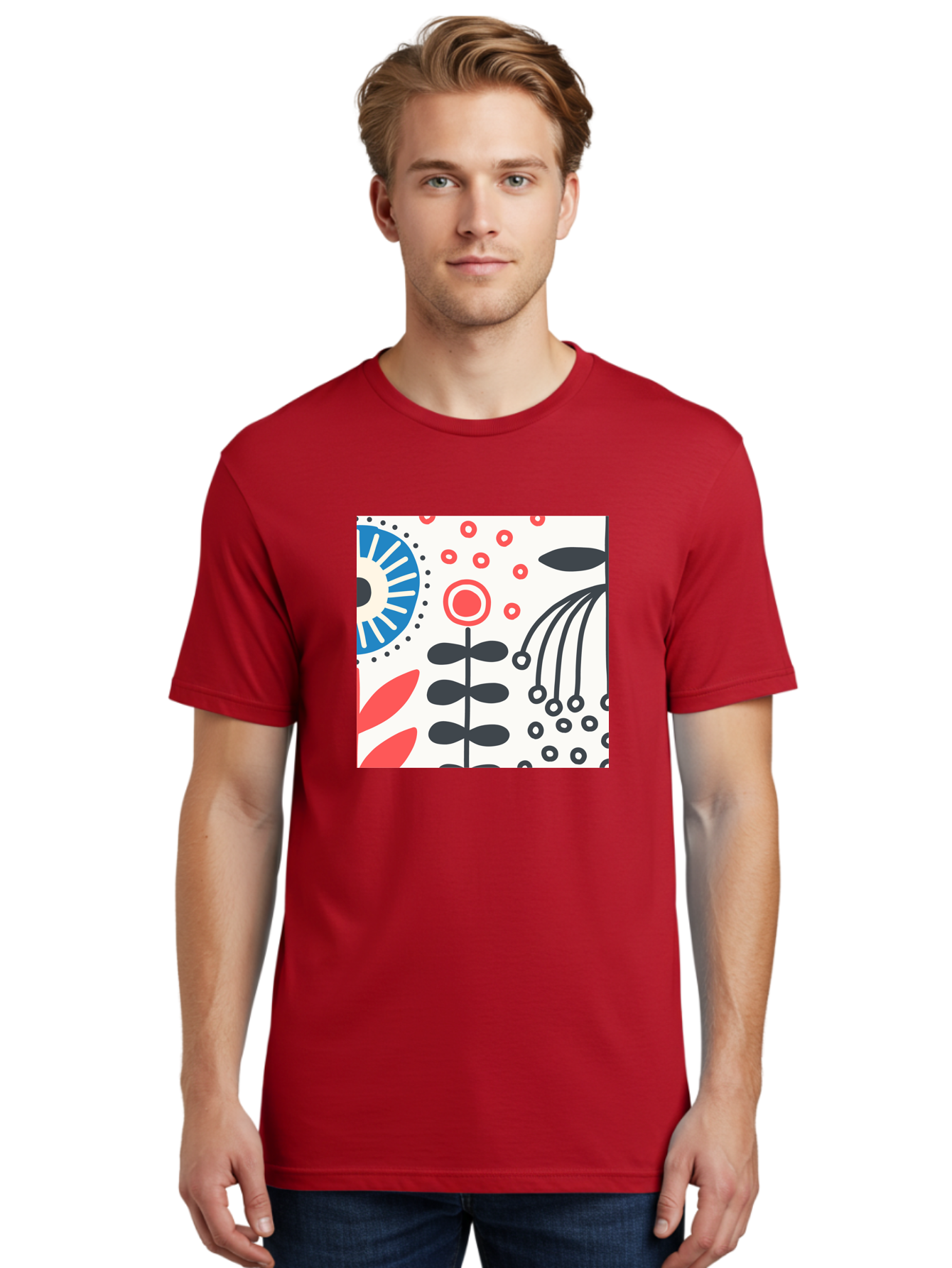 Flower-Design Men'S Graphic Tee, 100% Cotton, Comfortable Casual Summer Wear, Machine Washable, Abstract Floral Pattern, Minimalist Design, Bold Graphics, Modern Art, Floral Motifs, Red And Black Accents, Stylized Flowers, Geometric Shapes, Aab728