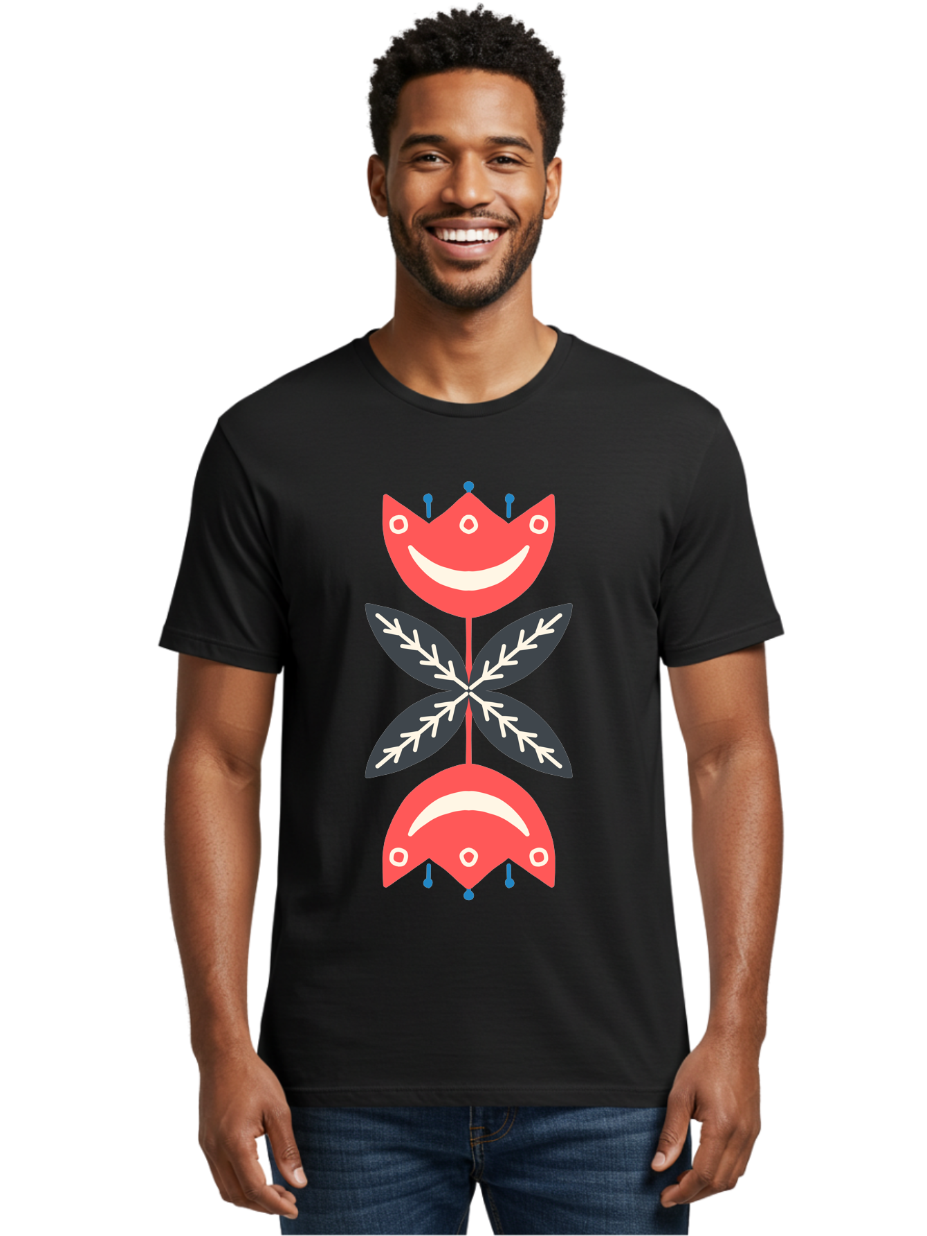 Flower-Face Men'S Graphic Tee, 100% Cotton, Comfortable Casual Summer Wear, Machine Washable, Red Smiley Faces, Playful Flowers, Cartoon Characters, Happy Emotions, Floral Designs, Whimsical Art, Cute Illustrations Aab729