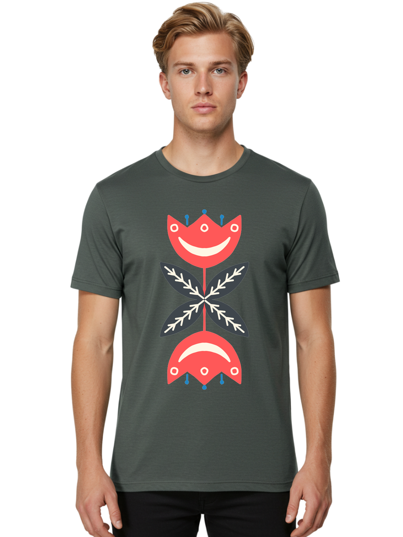 Flower-Face Men'S Graphic Tee, 100% Cotton, Comfortable Casual Summer Wear, Machine Washable, Red Smiley Faces, Playful Flowers, Cartoon Characters, Happy Emotions, Floral Designs, Whimsical Art, Cute Illustrations Aab729