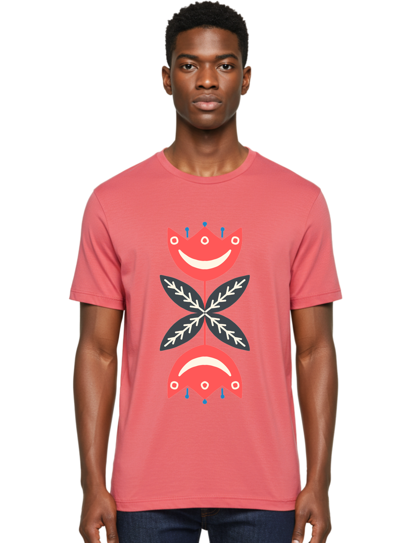 Flower-Face Men'S Graphic Tee, 100% Cotton, Comfortable Casual Summer Wear, Machine Washable, Red Smiley Faces, Playful Flowers, Cartoon Characters, Happy Emotions, Floral Designs, Whimsical Art, Cute Illustrations Aab729