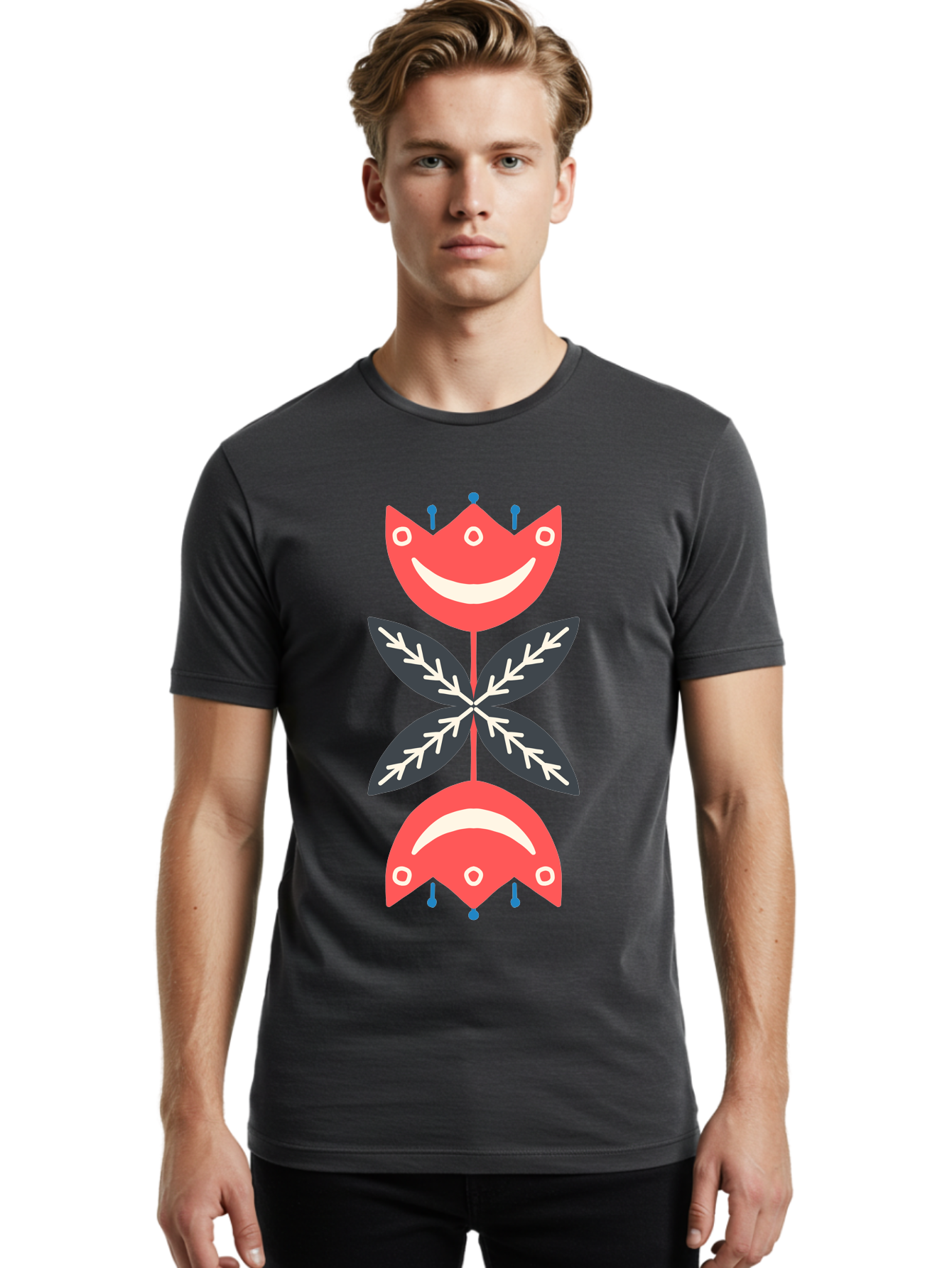Flower-Face Men'S Graphic Tee, 100% Cotton, Comfortable Casual Summer Wear, Machine Washable, Red Smiley Faces, Playful Flowers, Cartoon Characters, Happy Emotions, Floral Designs, Whimsical Art, Cute Illustrations Aab729