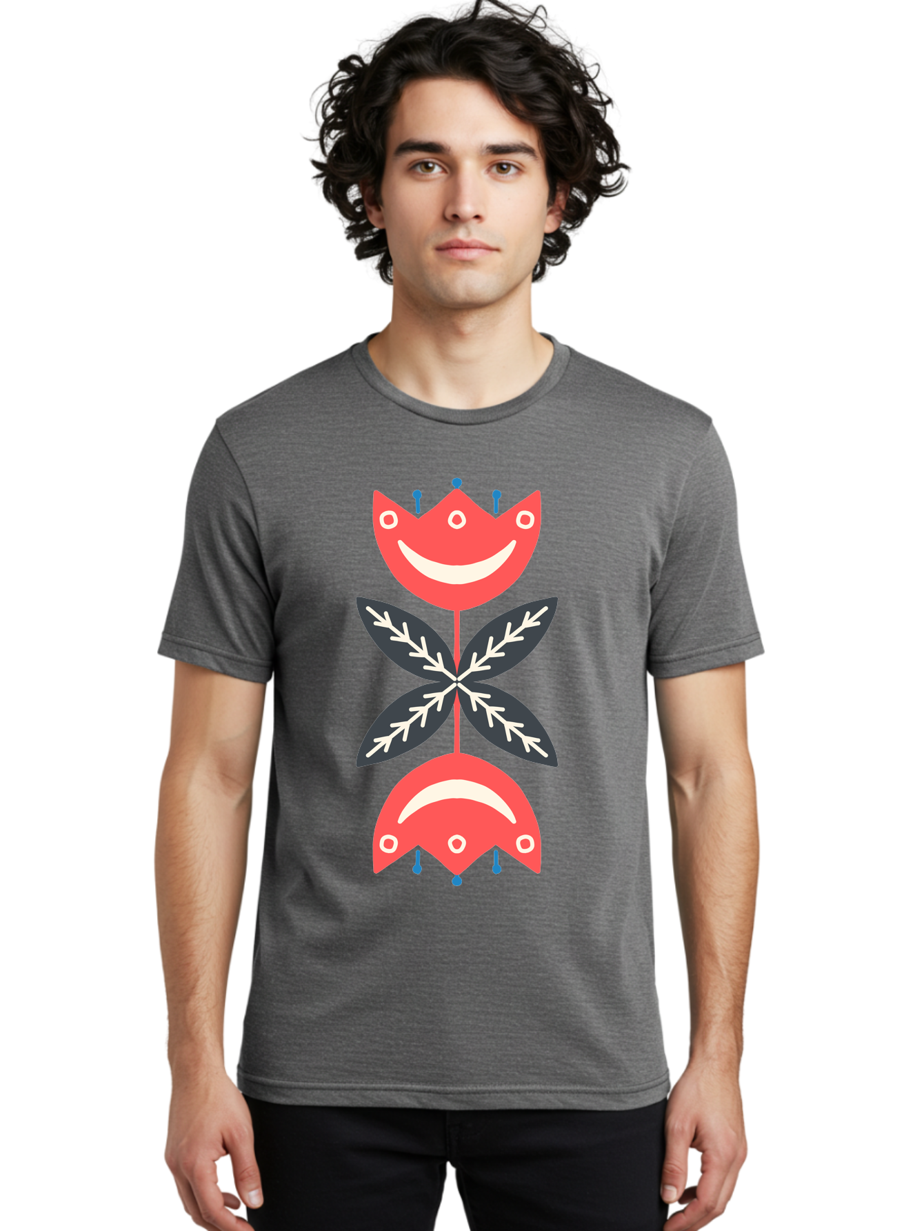 Flower-Face Men'S Graphic Tee, 100% Cotton, Comfortable Casual Summer Wear, Machine Washable, Red Smiley Faces, Playful Flowers, Cartoon Characters, Happy Emotions, Floral Designs, Whimsical Art, Cute Illustrations Aab729